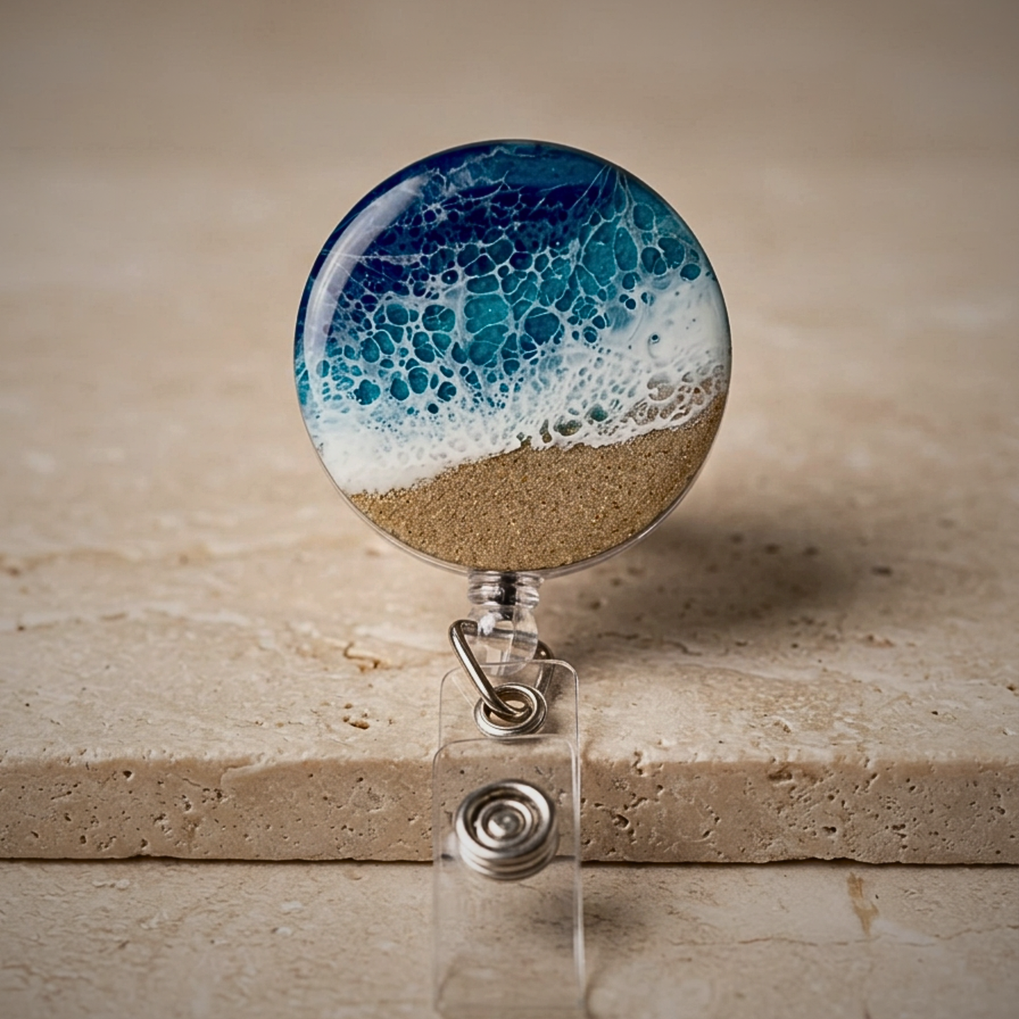 Ocean Resin Wave Retractable ID Holder | 360 Swivel Alligator Clip