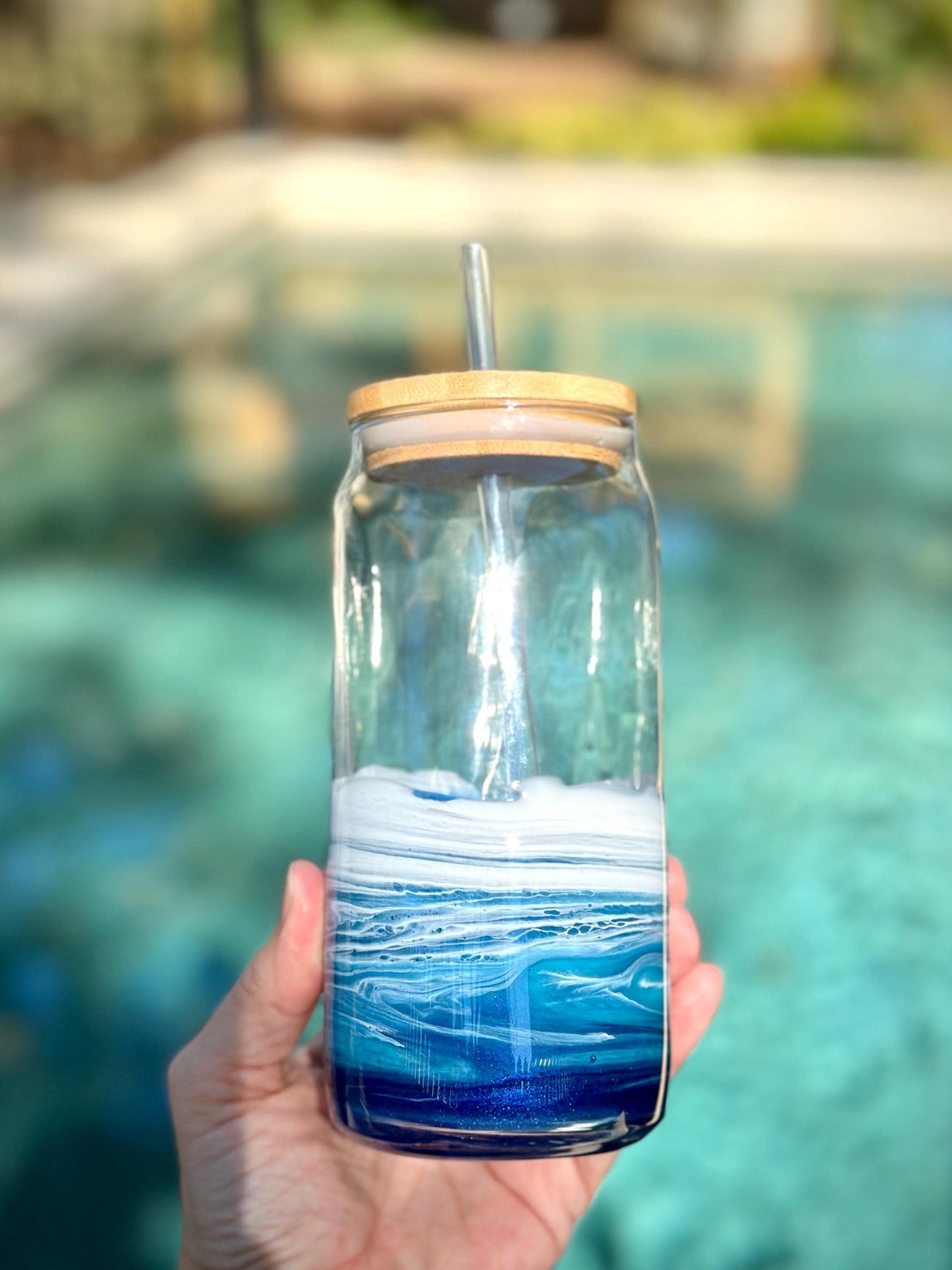Resin Wave Glass Tumbler with lid and straw - Beach Glassware