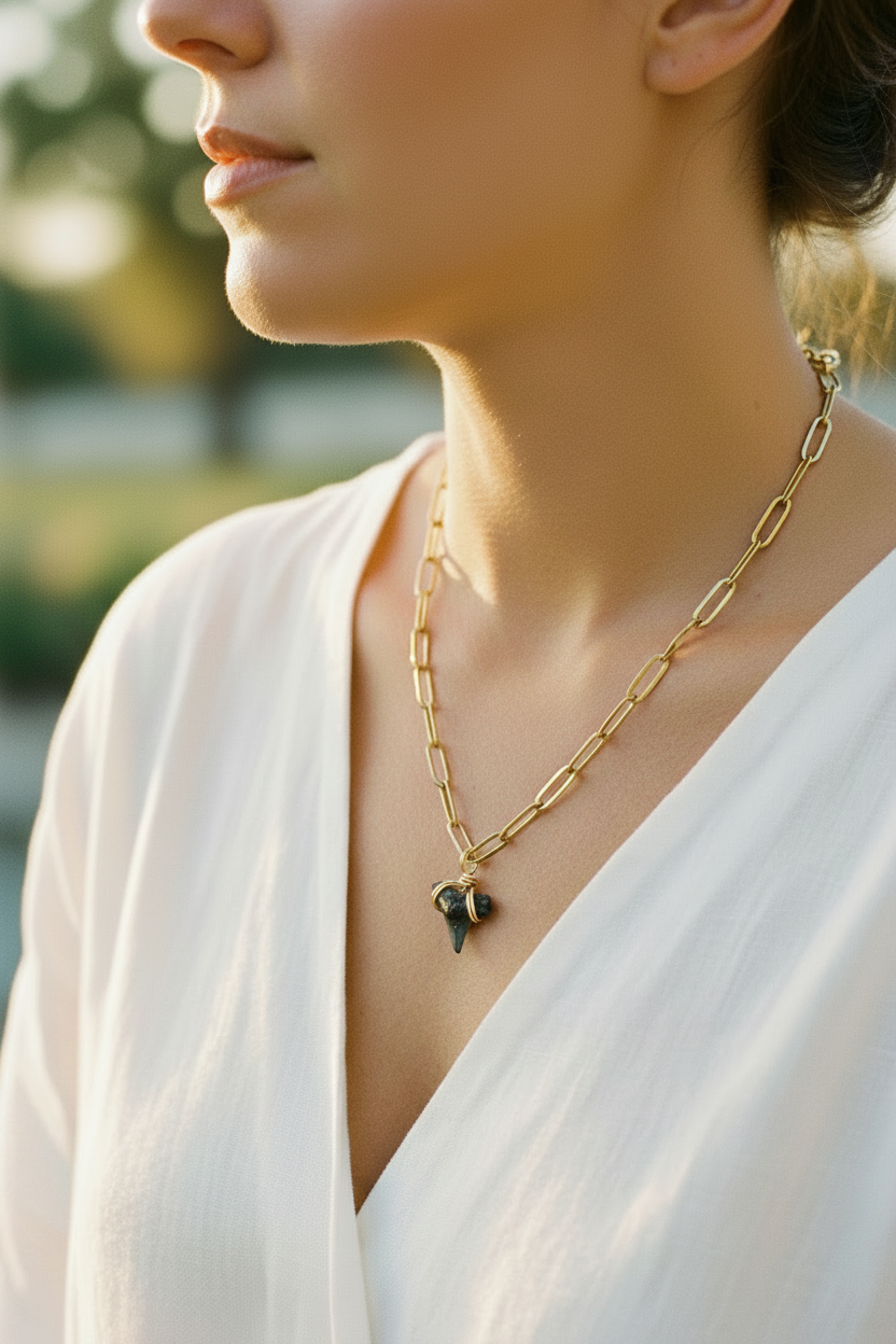 Gold Paperclip Shark Tooth - Neck Crop