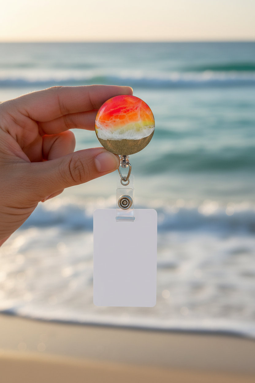 Hand Holding Badge Reel Coastal Background