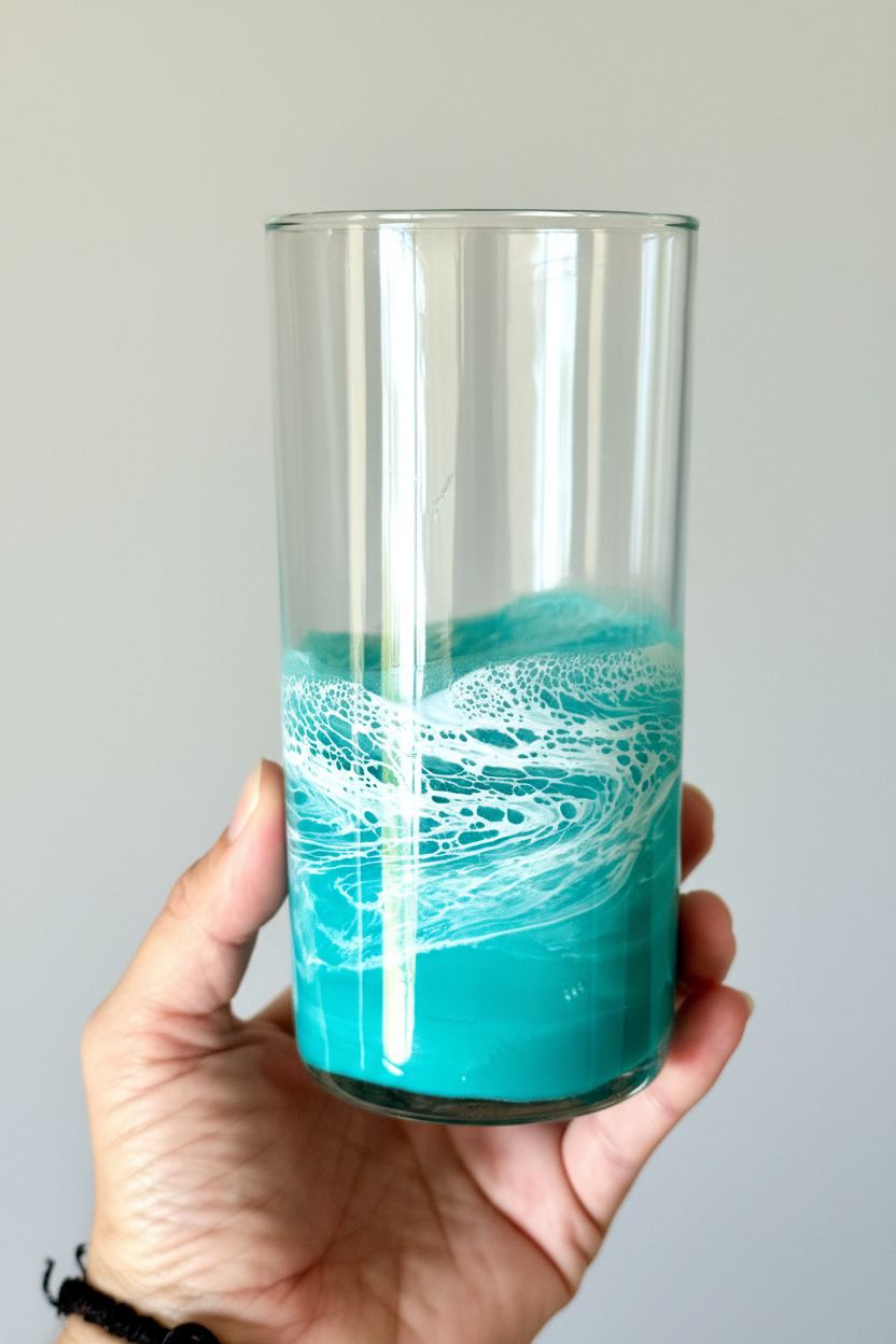 Hand Holding Teal Resin Tumbler - Simple Background