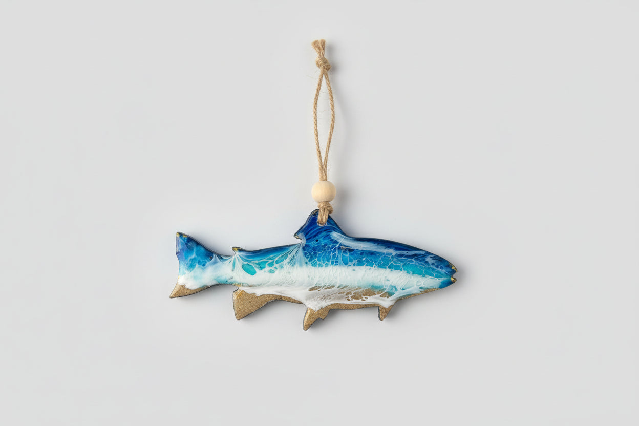 Decorative fish ornament with blue and white resin wave pattern 