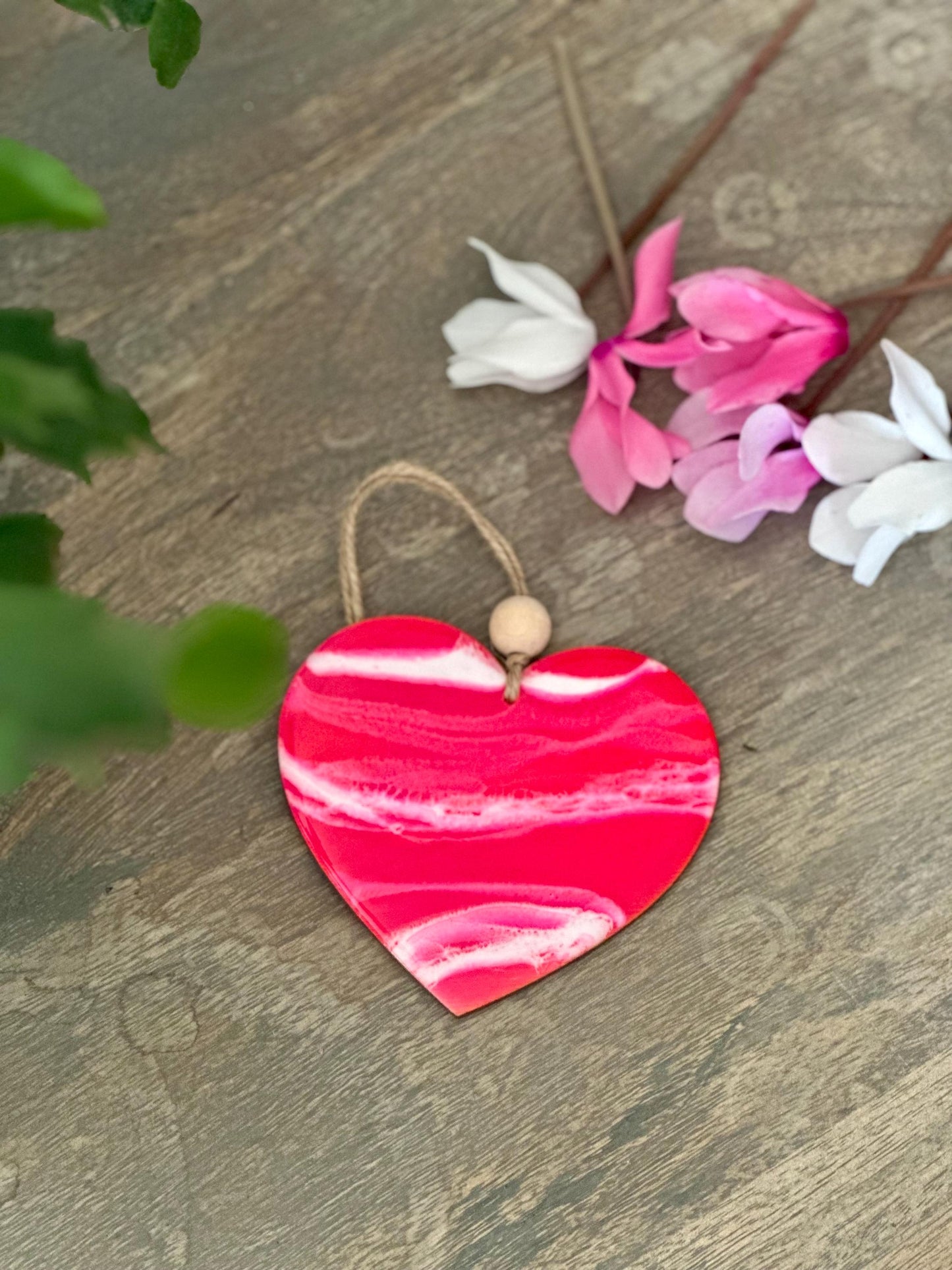 Pink Resin Heart Ornament - Metallic Bronze Edges, Twine Hanging