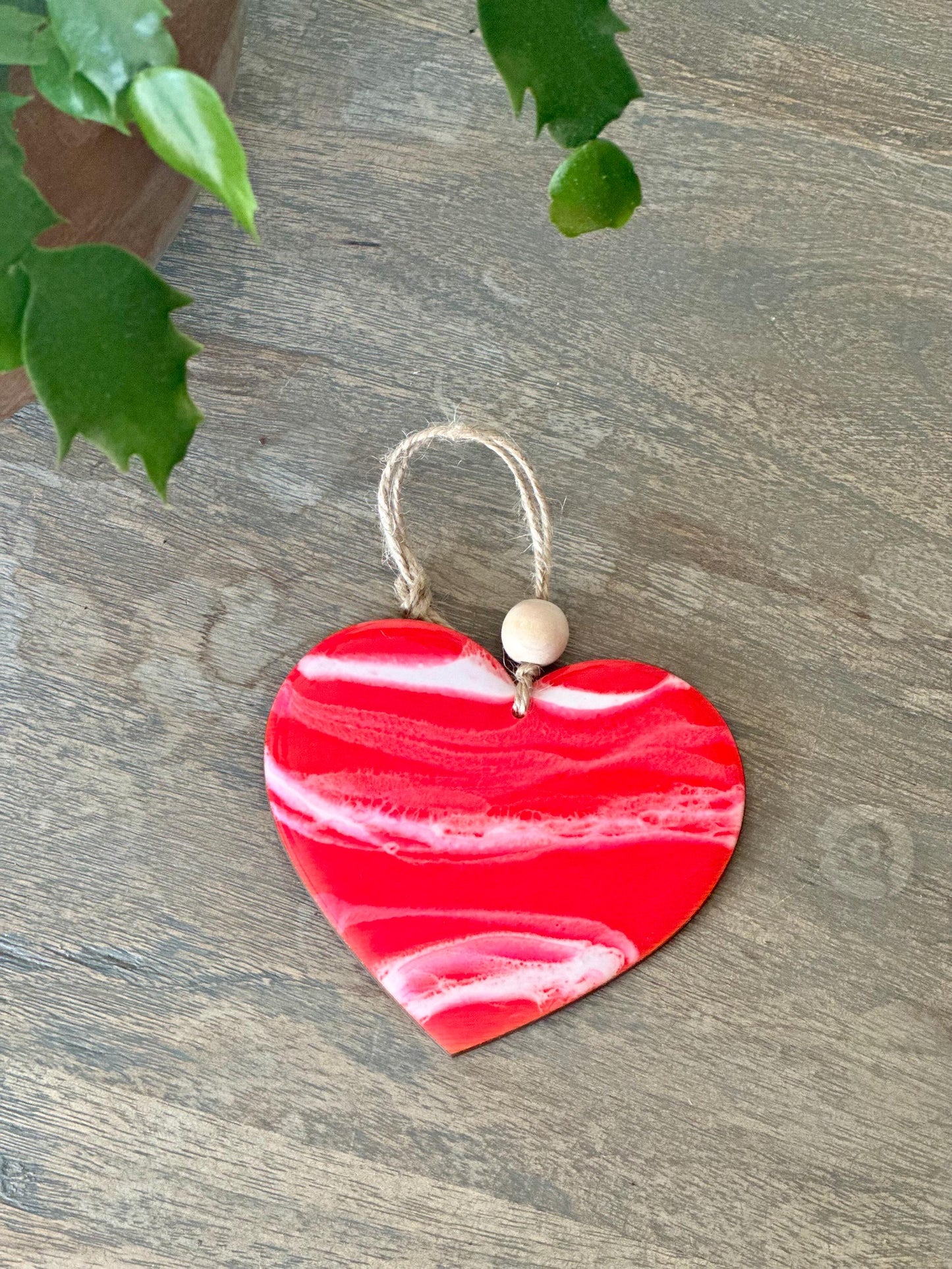 Pink Resin Heart Ornament - Metallic Bronze Edges, Twine Hanging