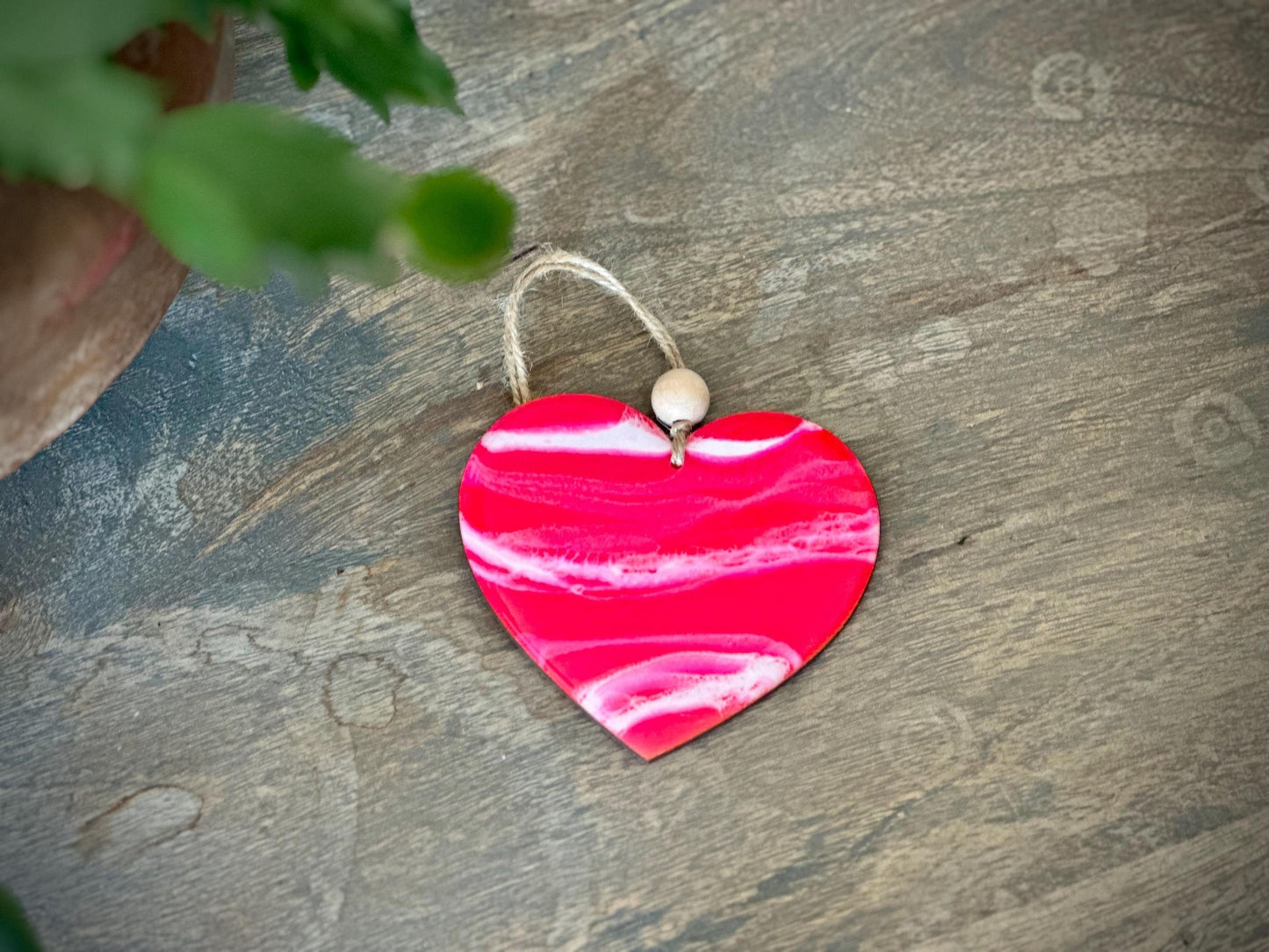 Pink Resin Heart Ornament - Metallic Bronze Edges, Twine Hanging