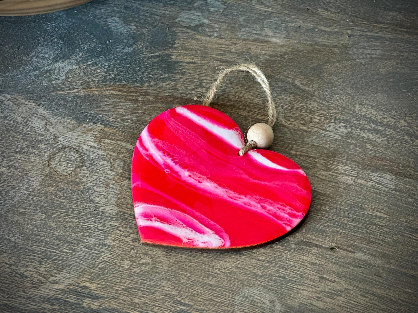 Pink Resin Heart Ornament - Metallic Bronze Edges, Twine Hanging
