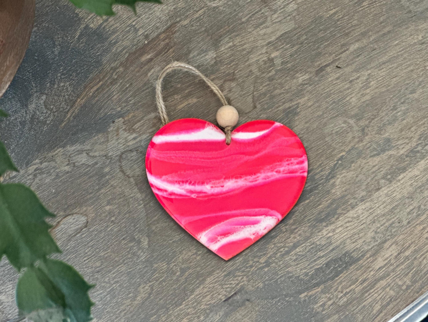 Pink Resin Heart Ornament - Metallic Bronze Edges, Twine Hanging