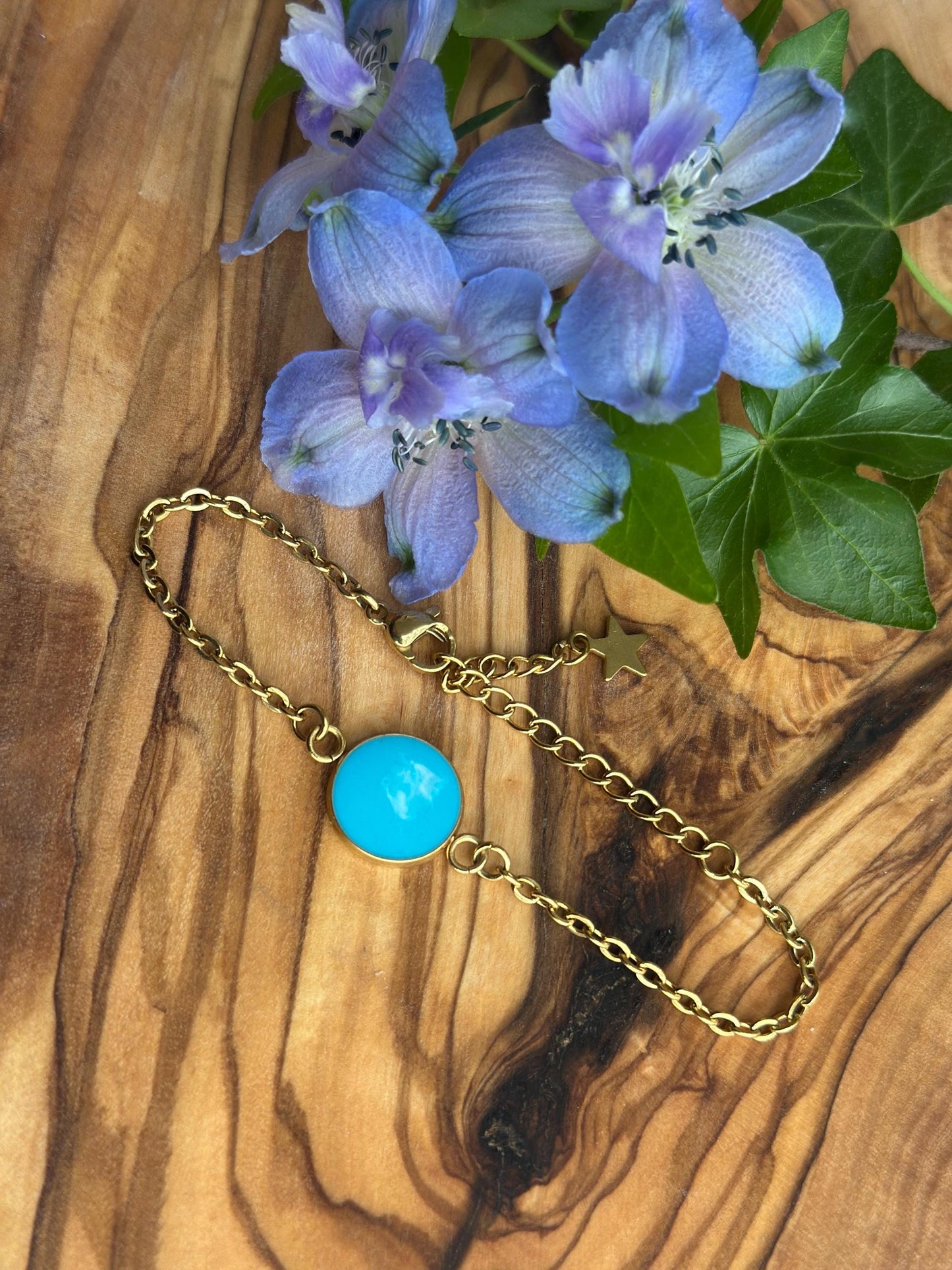 Engraved Gold Stainless Steel Bracelet: Teal Resin Bezel, Custom Date