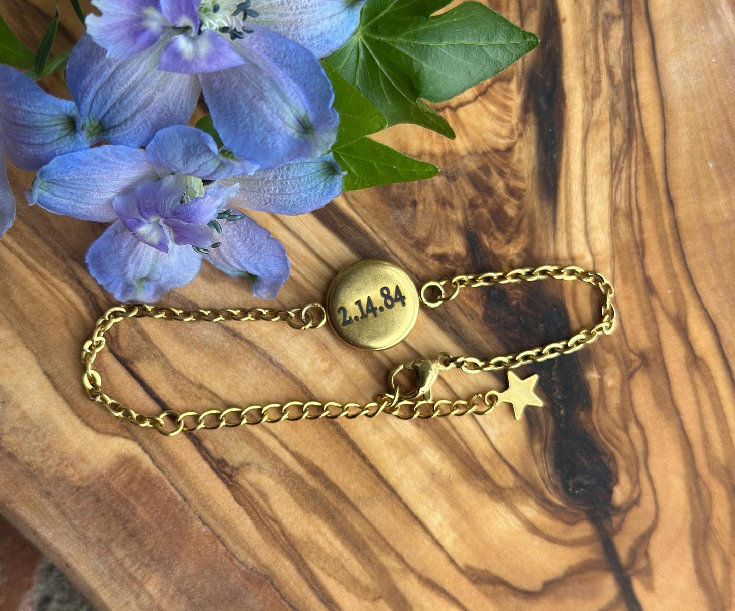 Engraved Gold Stainless Steel Bracelet: Teal Resin Bezel, Custom Date