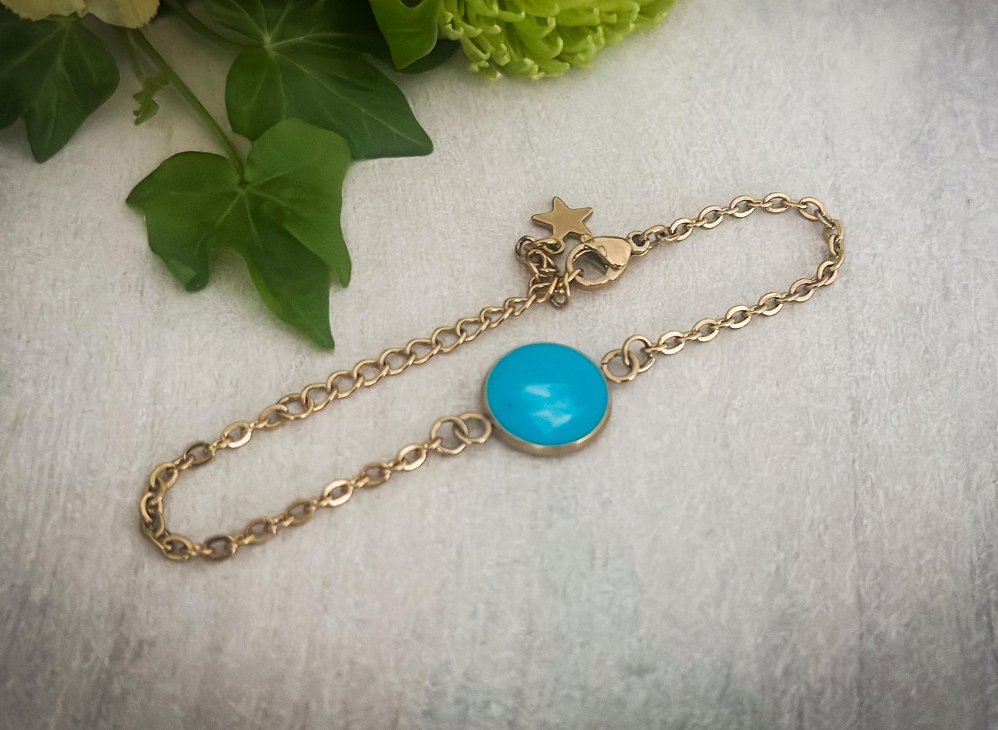 Engraved Gold Stainless Steel Bracelet: Teal Resin Bezel, Custom Date