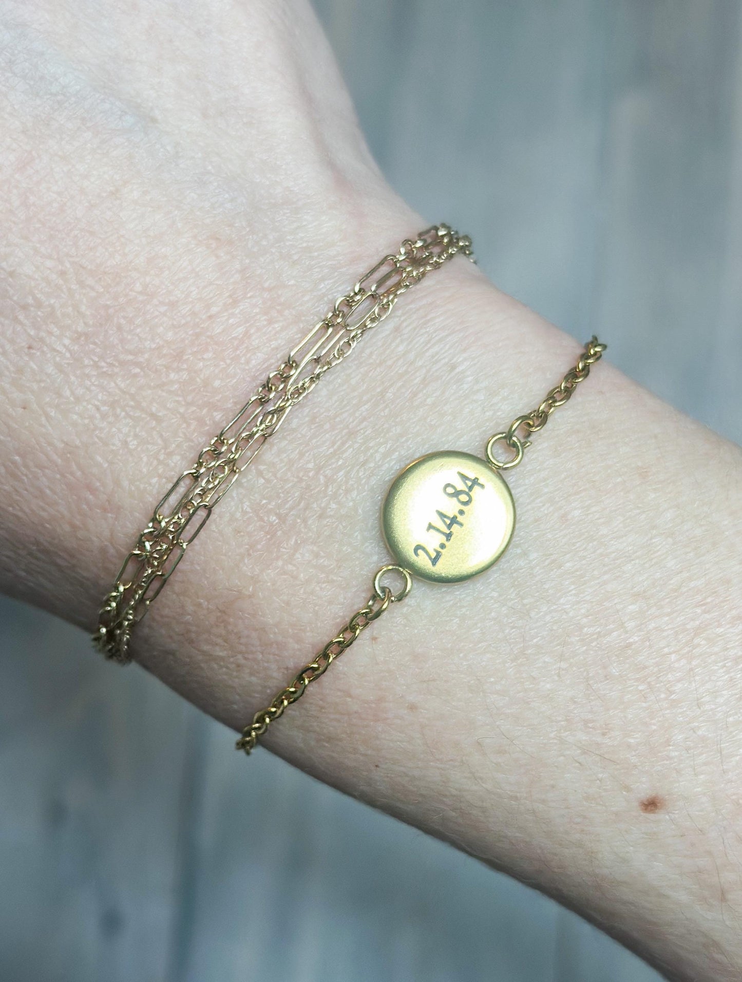 Engraved Gold Stainless Steel Bracelet: Teal Resin Bezel, Custom Date
