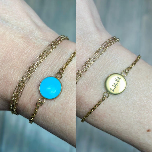Engraved Gold Stainless Steel Bracelet: Teal Resin Bezel, Custom Date