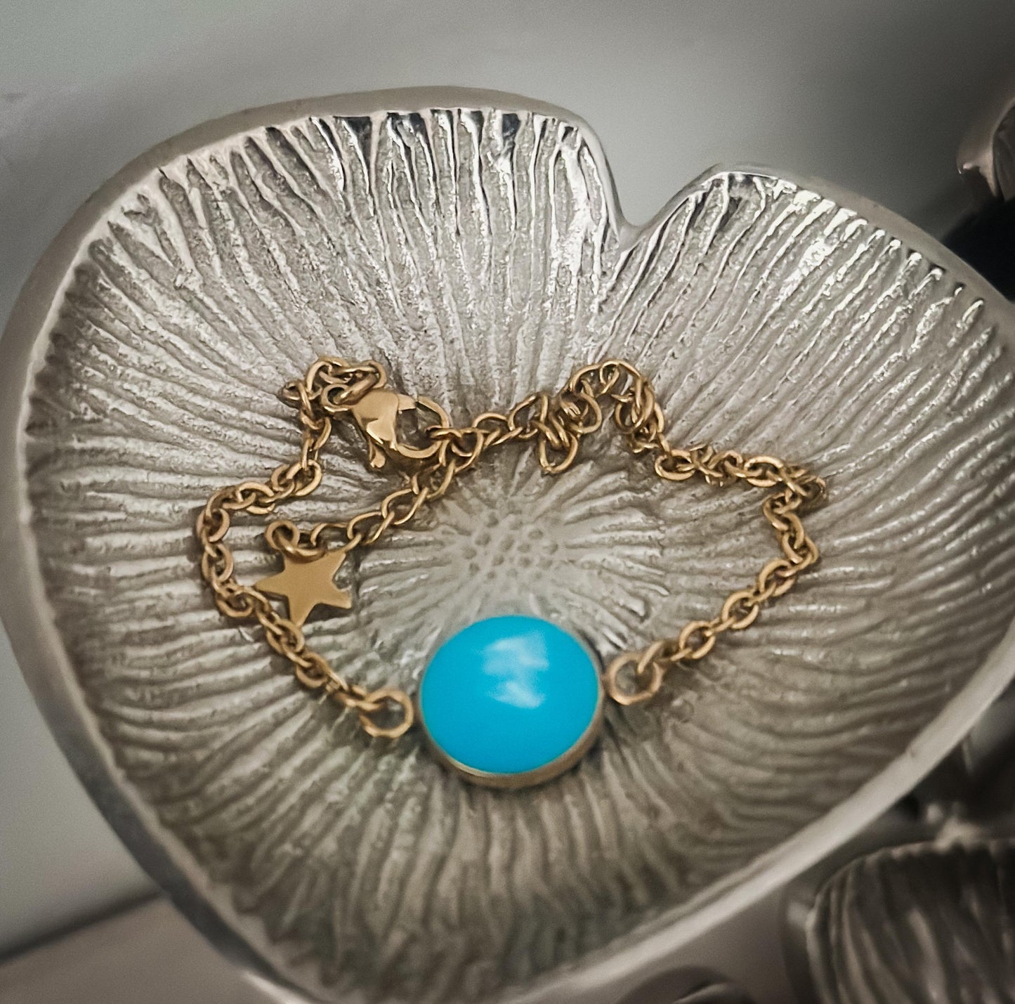 Engraved Gold Stainless Steel Bracelet: Teal Resin Bezel, Custom Date