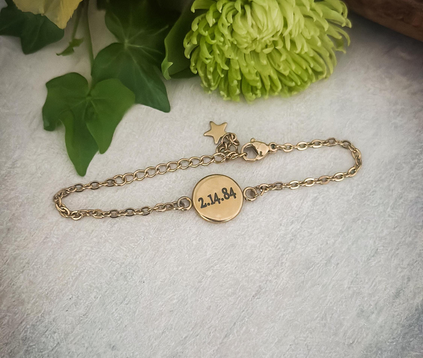 Engraved Gold Stainless Steel Bracelet: Teal Resin Bezel, Custom Date