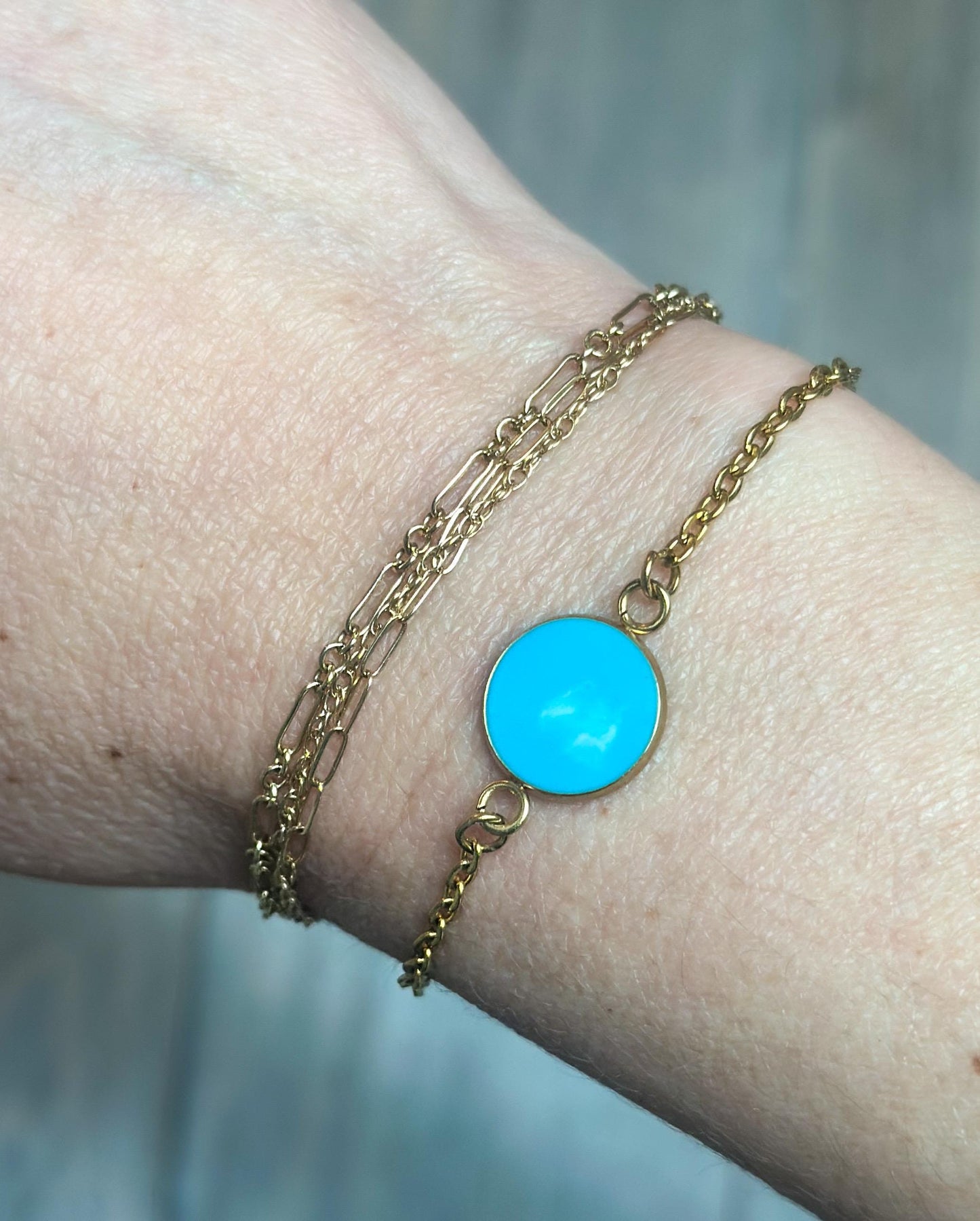 Engraved Gold Stainless Steel Bracelet: Teal Resin Bezel, Custom Date