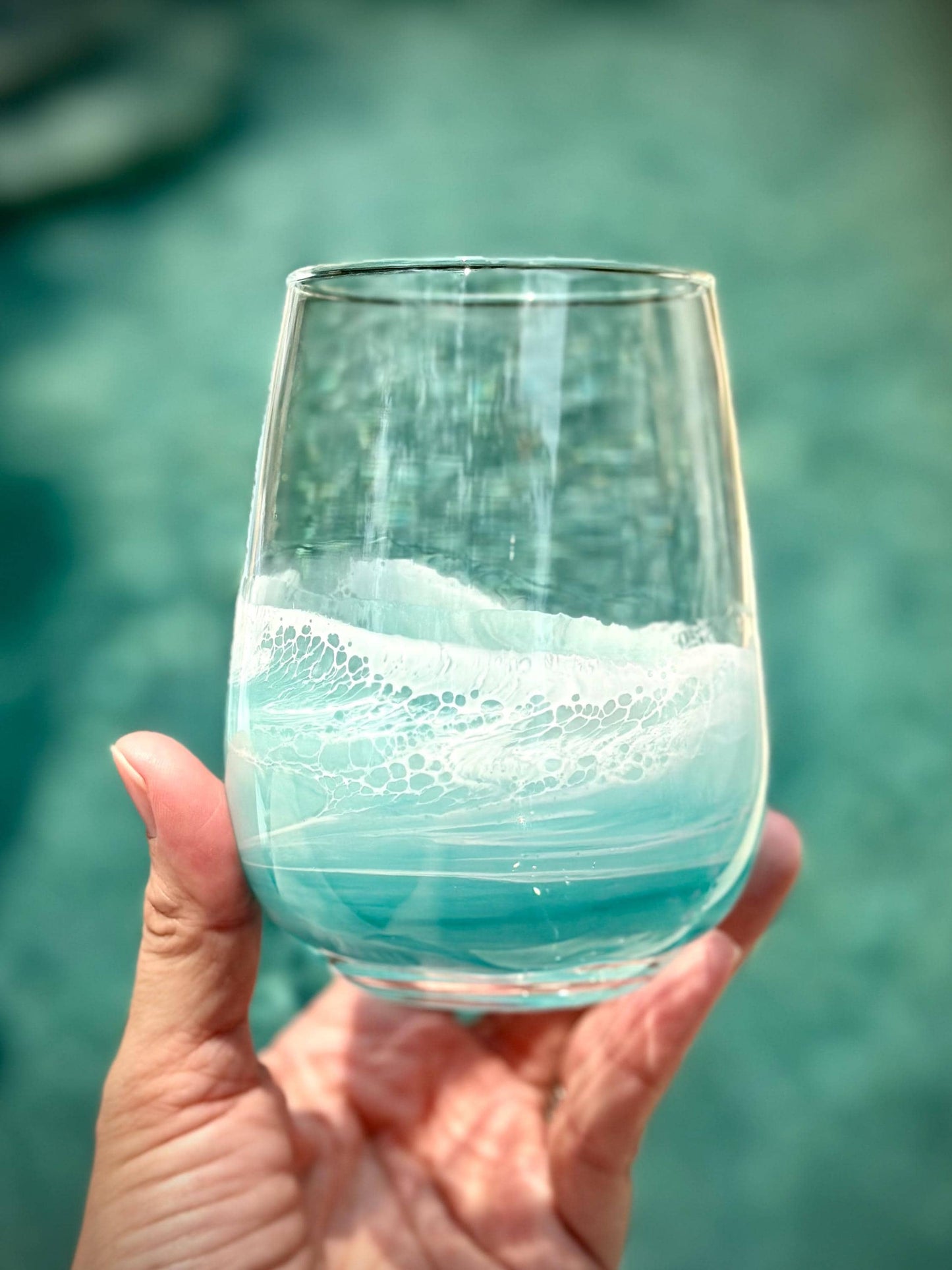 Teal Resin Wave Stemless Wine Glass: Coastal Beach House Drinkware - Teal Glassware