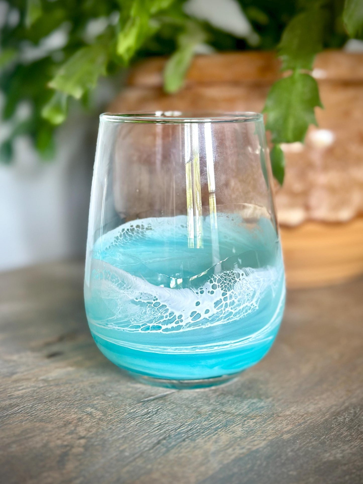 Teal Resin Wave Stemless Wine Glass: Coastal Beach House Drinkware - Teal Glassware