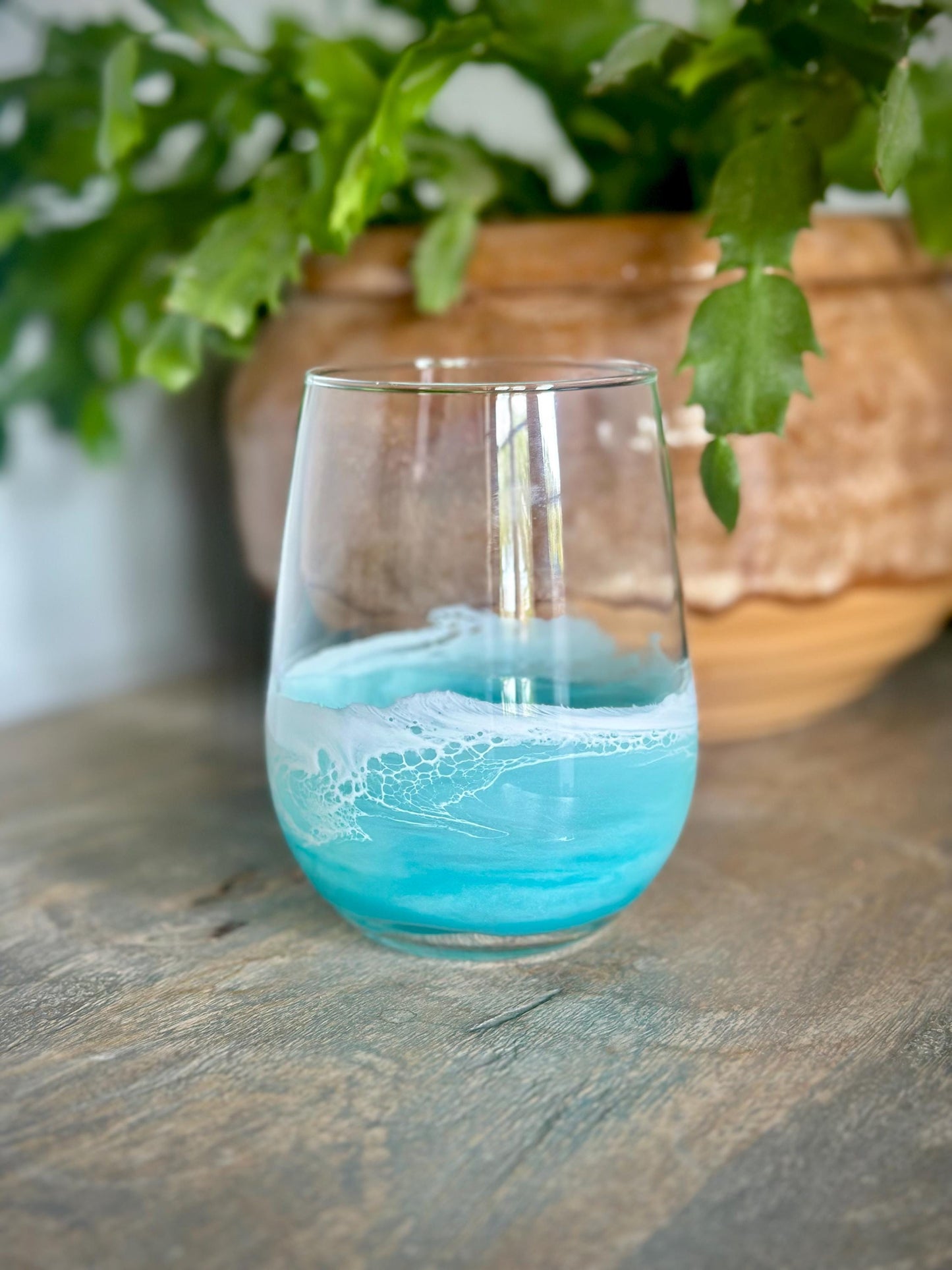 Teal Resin Wave Stemless Wine Glass: Coastal Beach House Drinkware - Teal Glassware