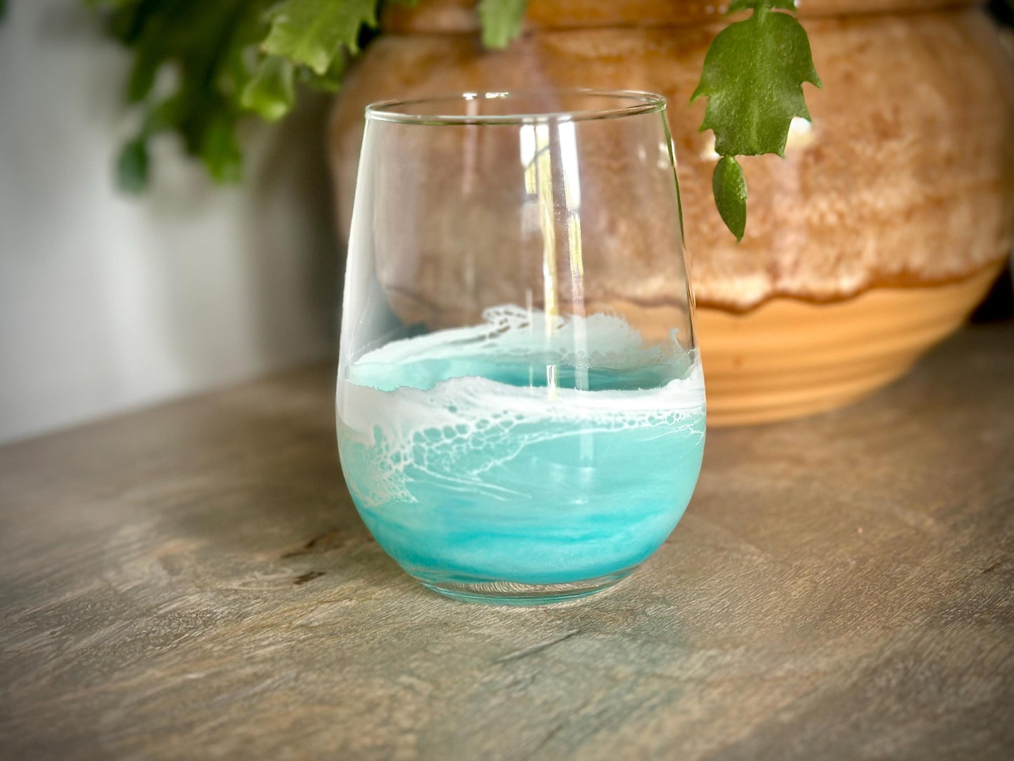 Teal Resin Wave Stemless Wine Glass: Coastal Beach House Drinkware - Teal Glassware
