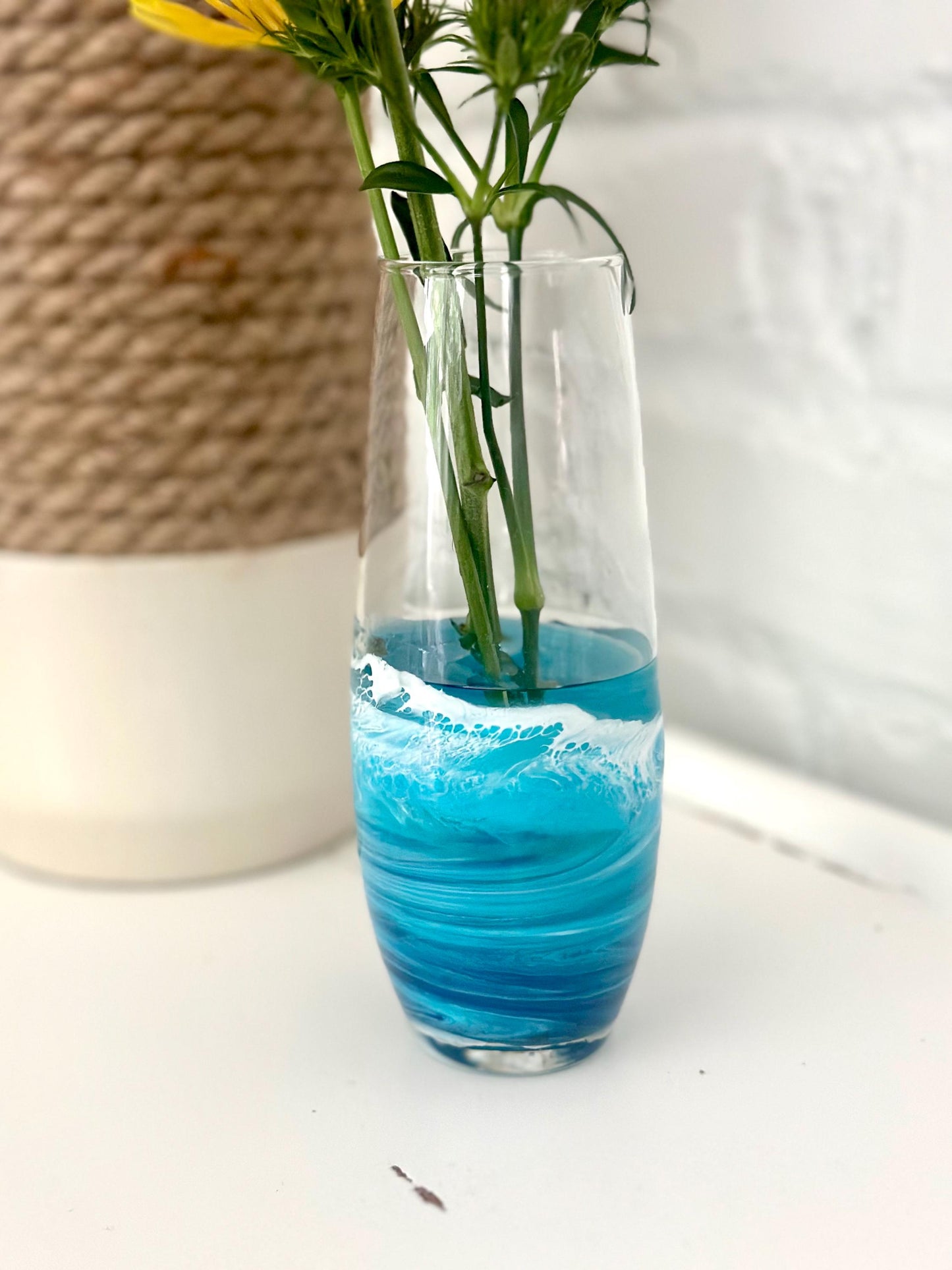 Blue Resin Wave Vase: Coastal Nautical Home Decor, 6-inch Glass Bud Vase