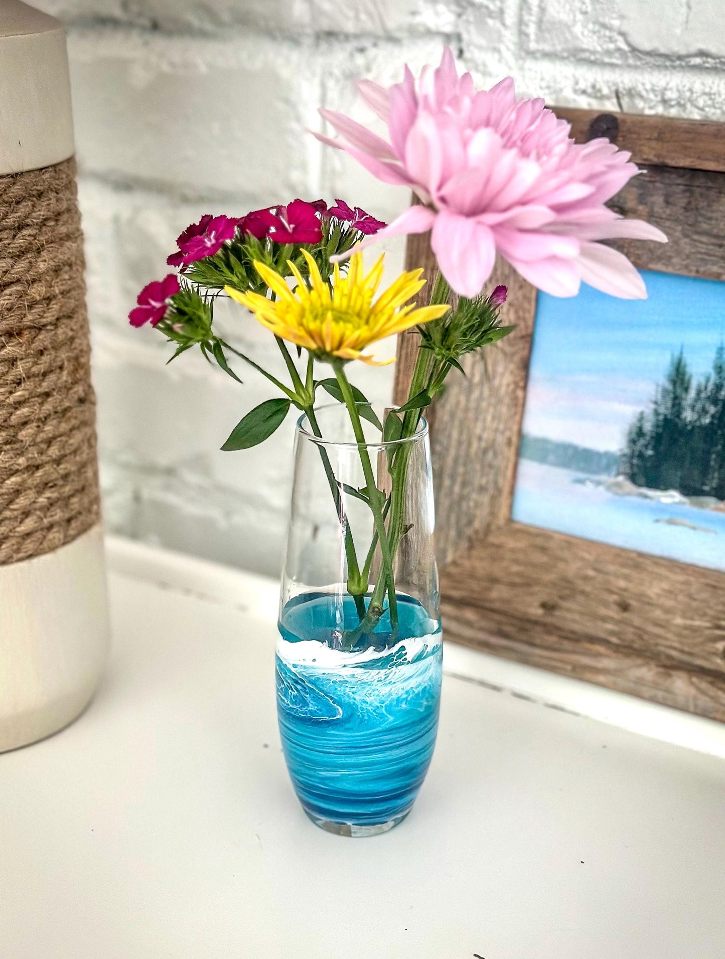Blue Resin Wave Vase: Coastal Nautical Home Decor, 6-inch Glass Bud Vase