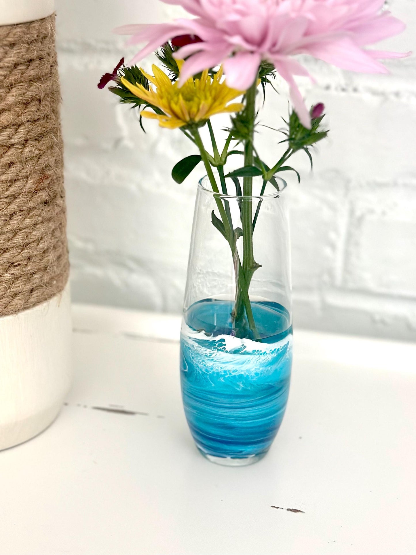 Blue Resin Wave Vase: Coastal Nautical Home Decor, 6-inch Glass Bud Vase