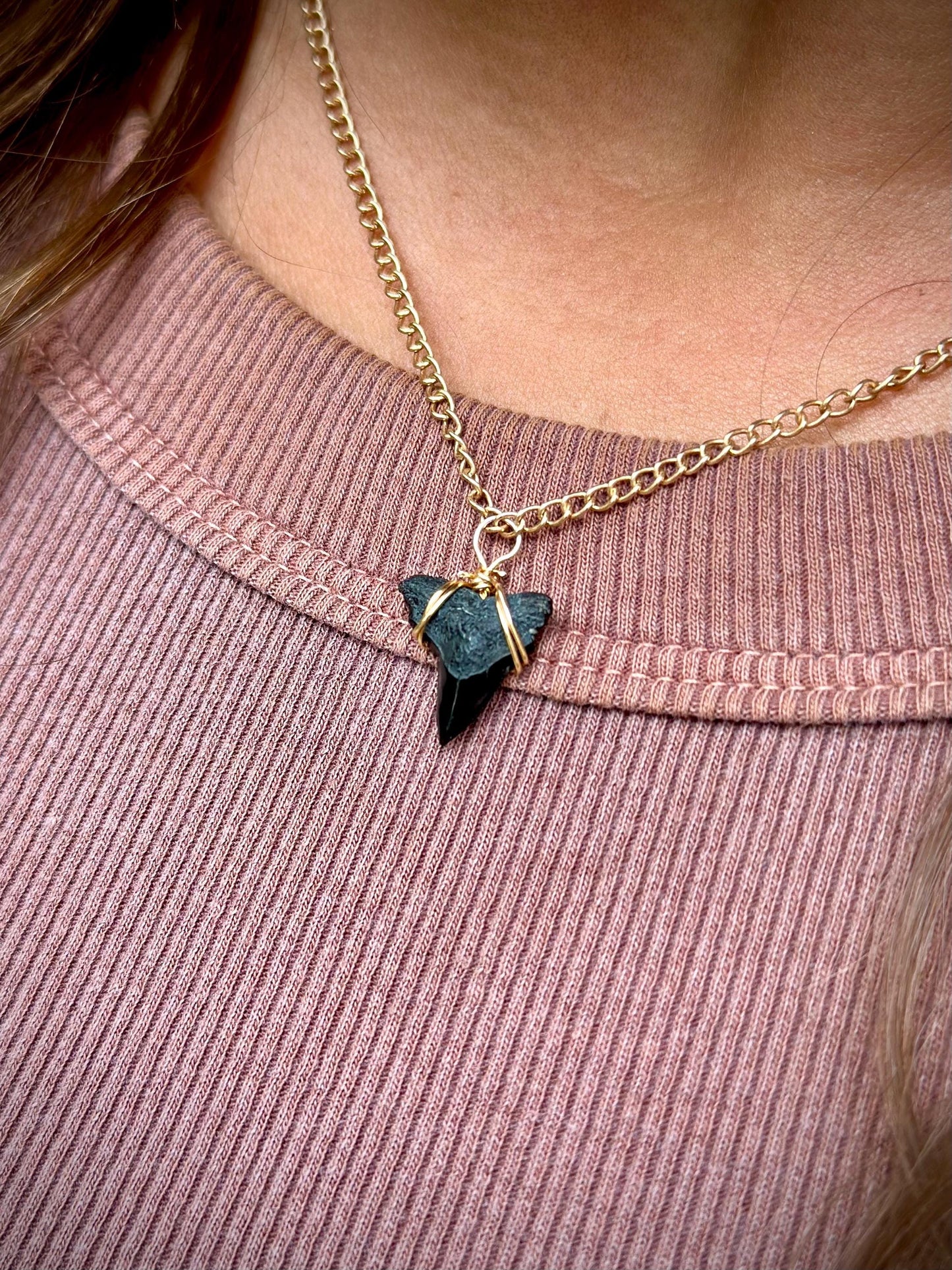 Real Shark Tooth Pendant Necklace: Gold Paperclip Chain, Coastal Jewelry