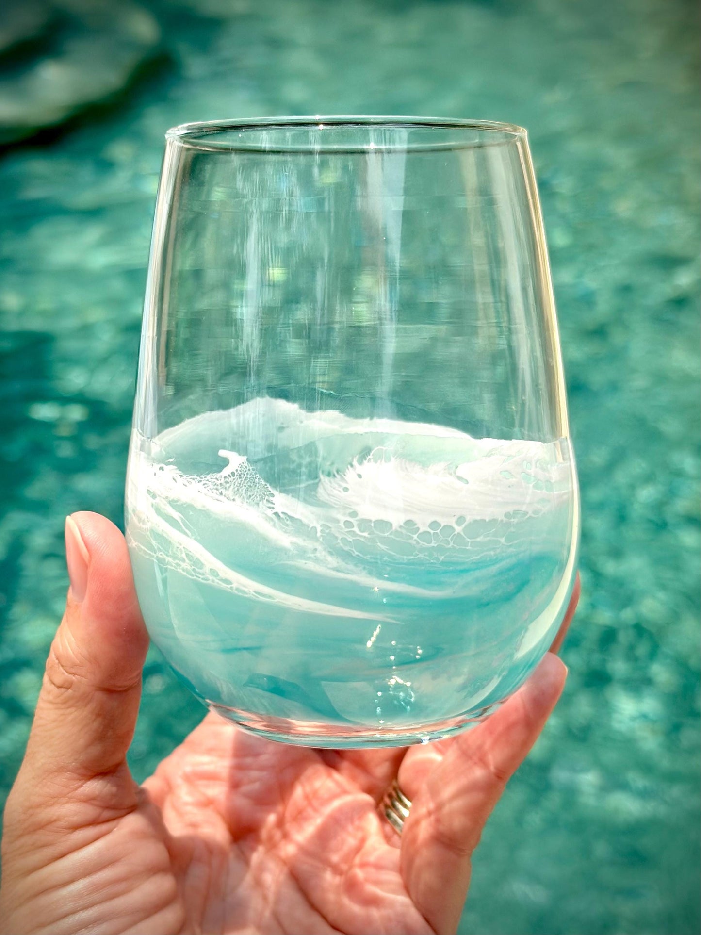Teal Resin Wave Stemless Wine Glass: Coastal Beach House Drinkware - Teal Glassware