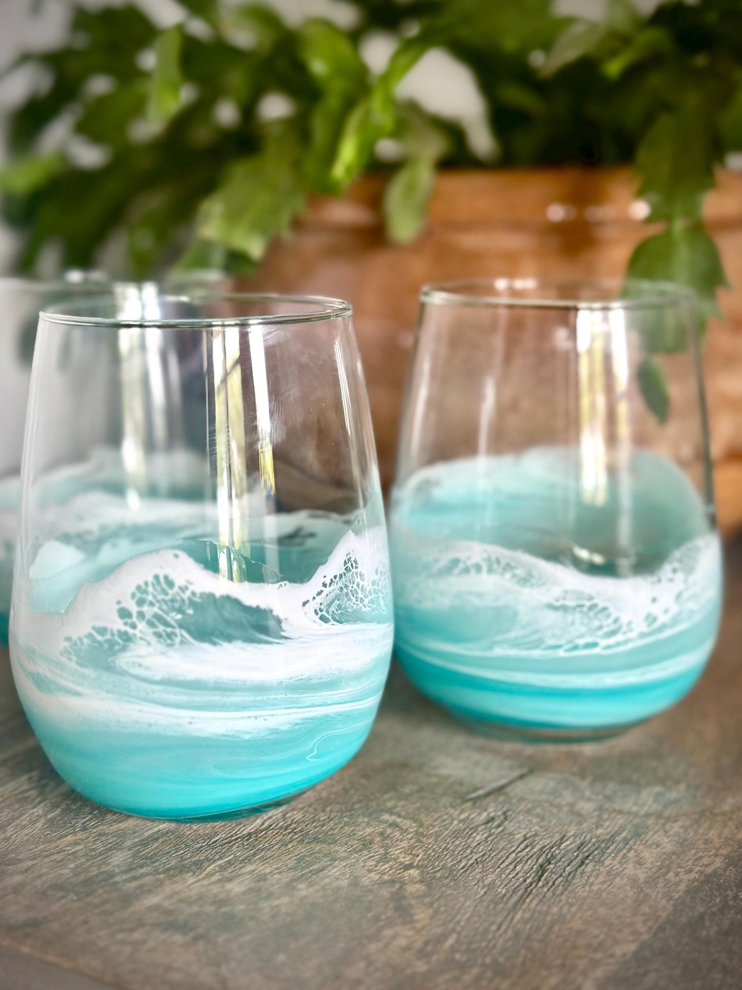 Teal Resin Wave Stemless Wine Glass: Coastal Beach House Drinkware - Teal Glassware
