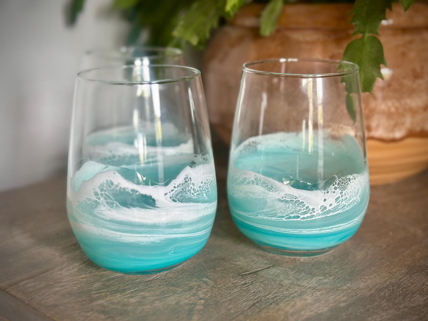 Teal Resin Wave Stemless Wine Glass: Coastal Beach House Drinkware - Teal Glassware