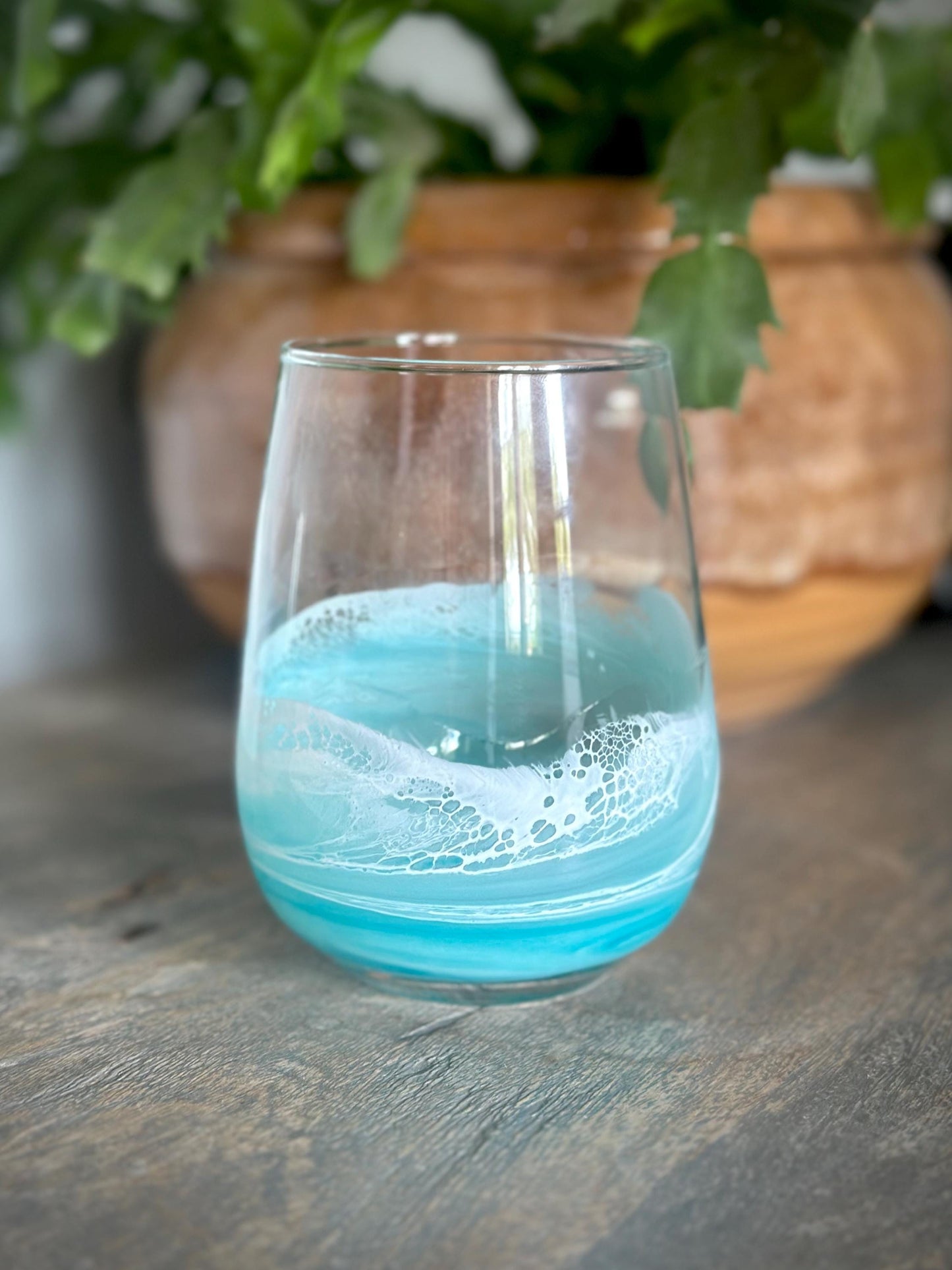 Teal Resin Wave Stemless Wine Glass: Coastal Beach House Drinkware - Teal Glassware