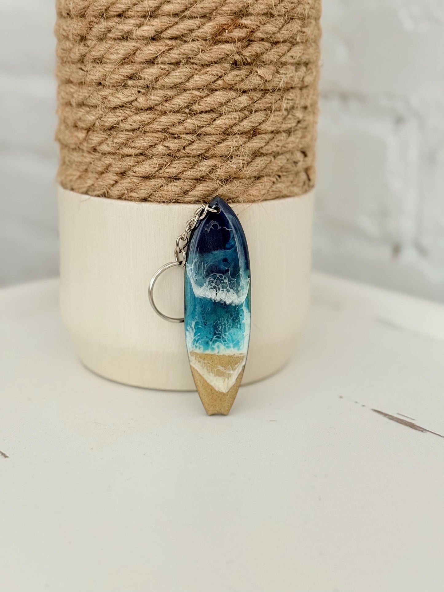 Wooden Surfboard Keychain with Resin Waves: Coastal Beach Lover Gift