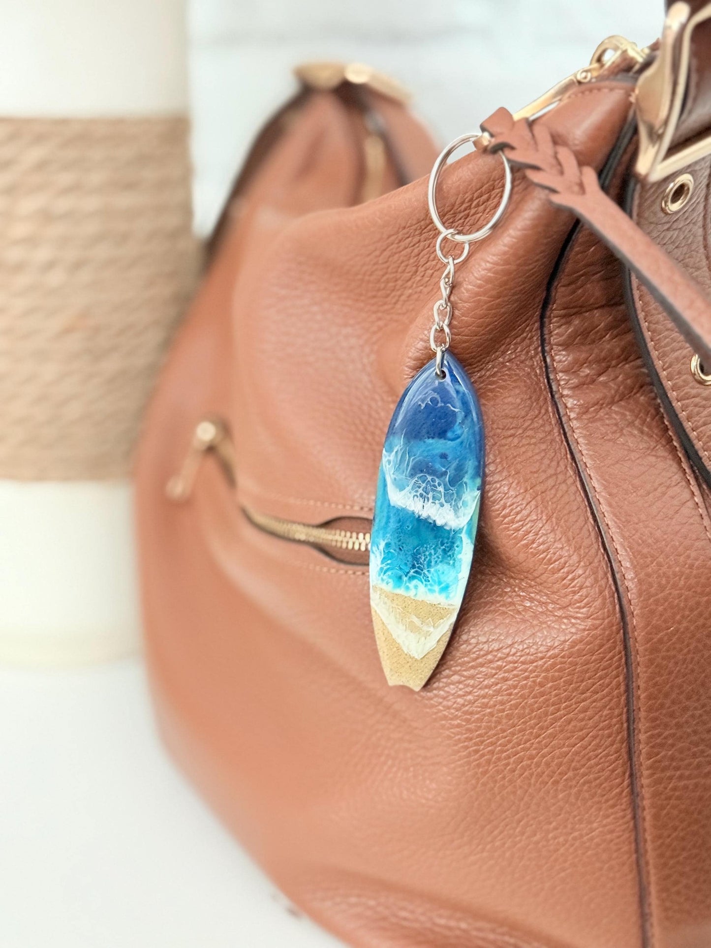 Wooden Surfboard Keychain with Resin Waves: Coastal Beach Lover Gift