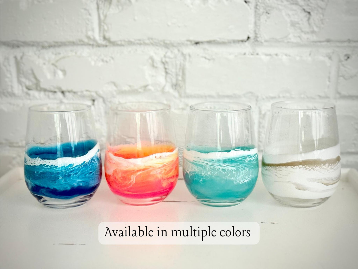 Teal Resin Wave Stemless Wine Glass: Coastal Beach House Drinkware - Teal Glassware