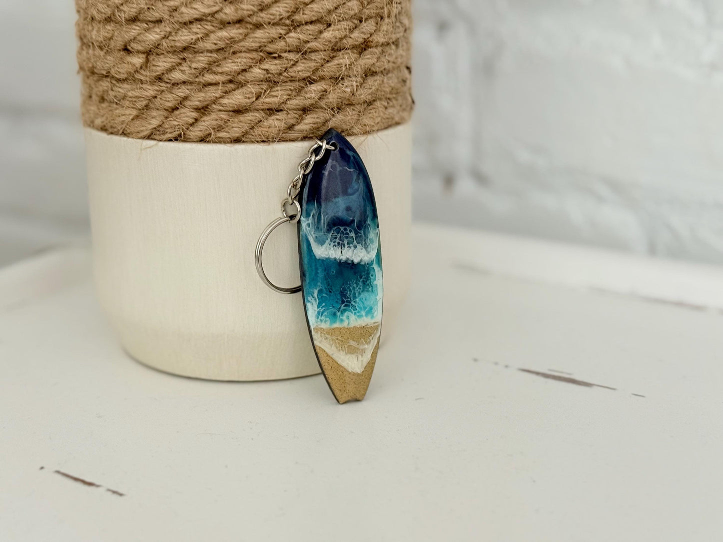 Wooden Surfboard Keychain with Resin Waves: Coastal Beach Lover Gift