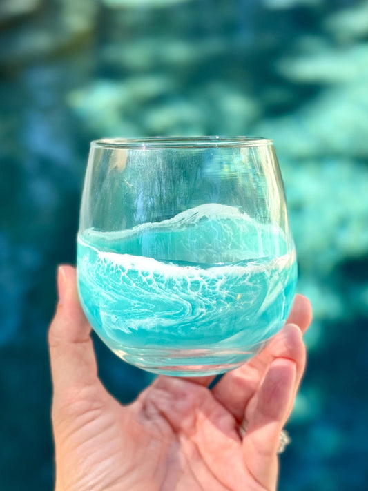 Teal Resin Wave Stemless Red Wine Glass: Coastal Beach House Drinkware - Teal Glassware