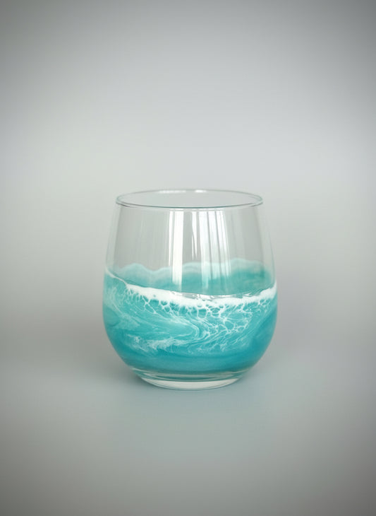 Teal Resin Wave Stemless Red Wine Glass: Coastal Beach House Drinkware - Teal Glassware