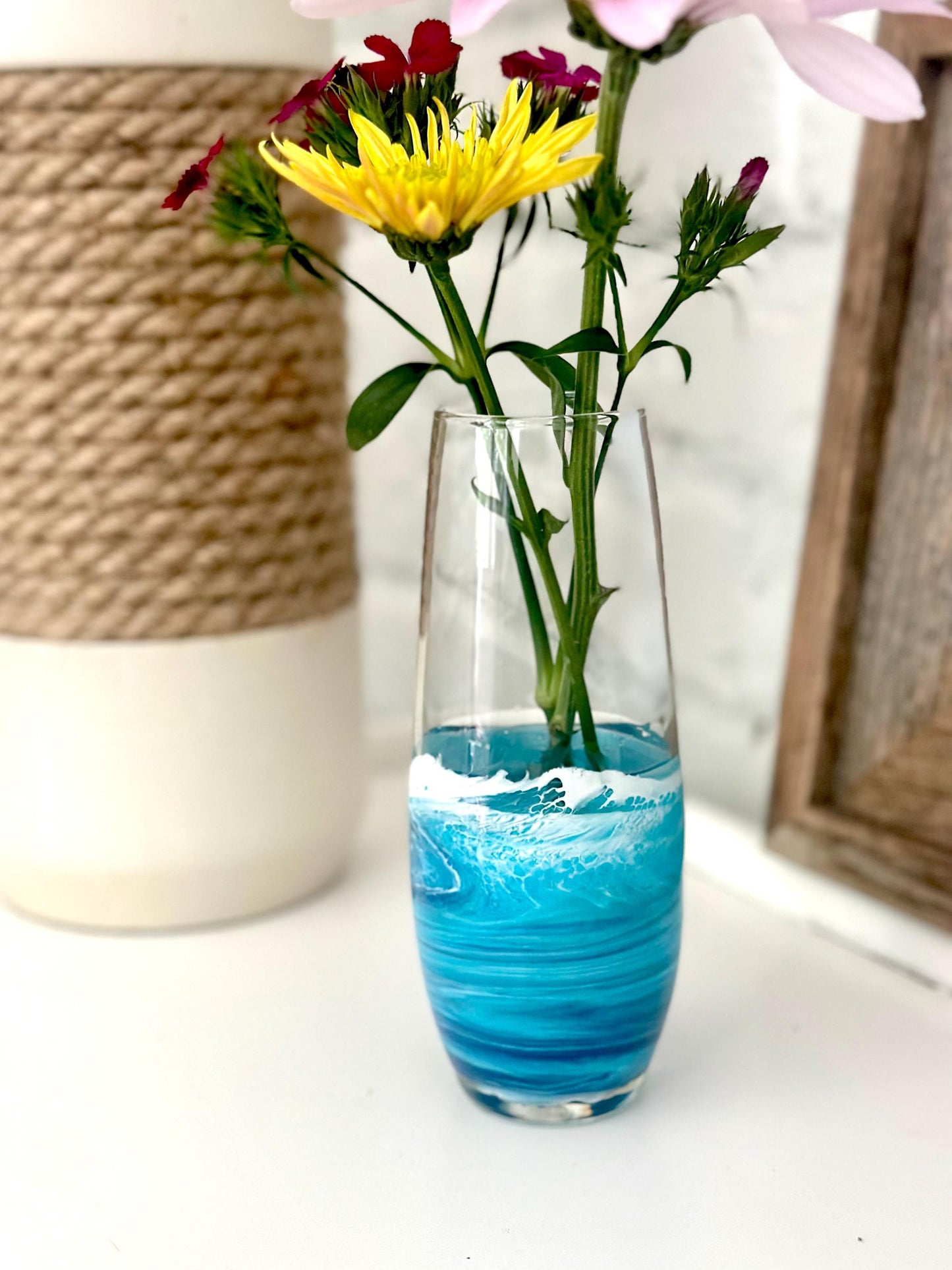 Blue Resin Wave Vase: Coastal Nautical Home Decor, 6-inch Glass Bud Vase