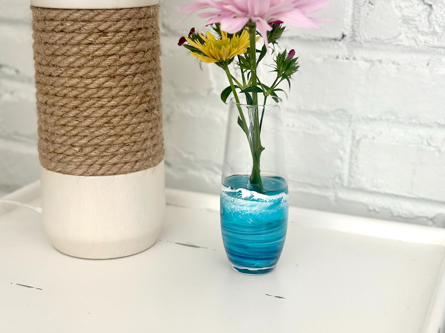 Blue Resin Wave Vase: Coastal Nautical Home Decor, 6-inch Glass Bud Vase