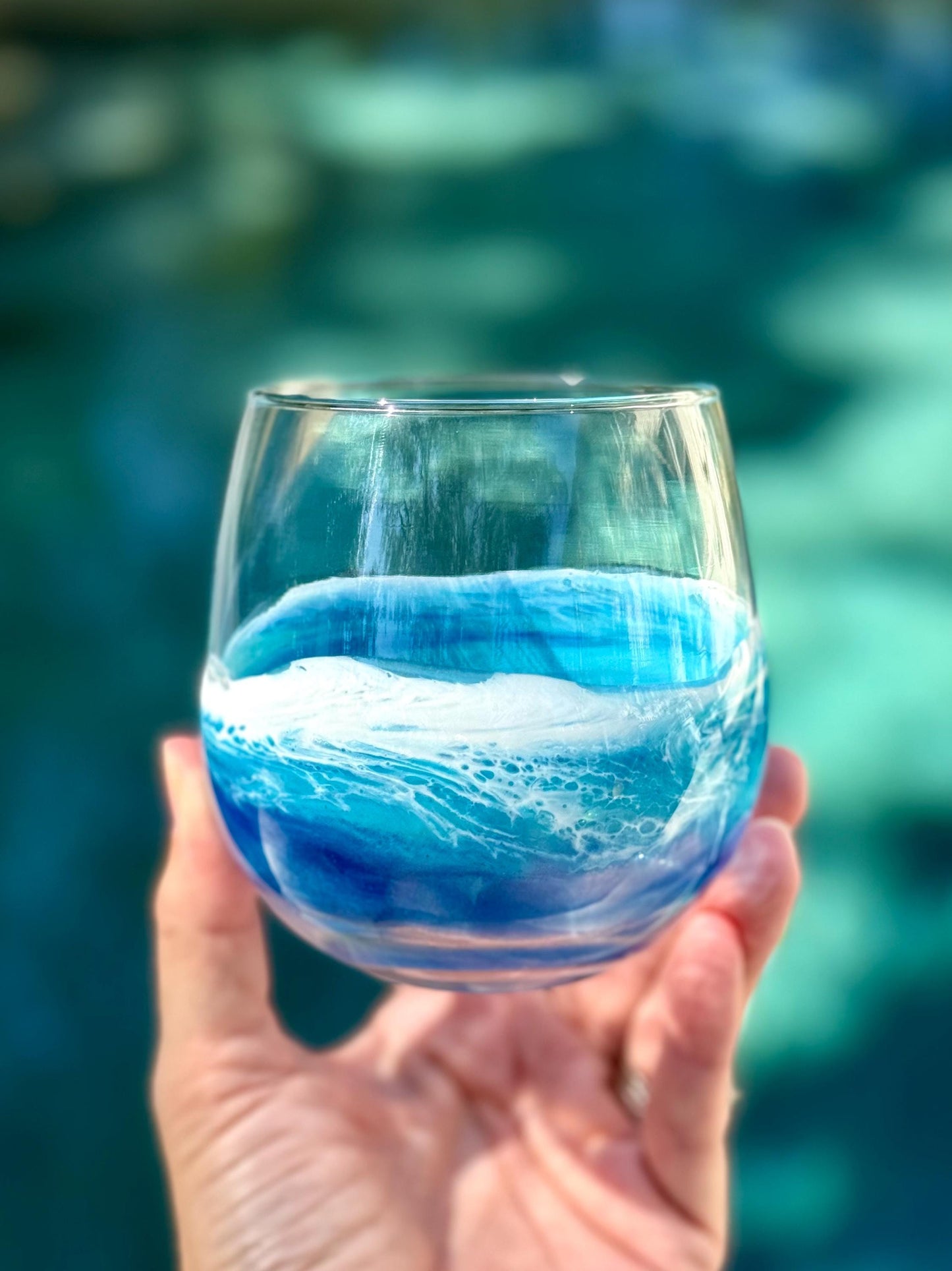 Red Wine Glass with Resin Waves - Coastal Beach House Drinkware - Beach Wedding Gift