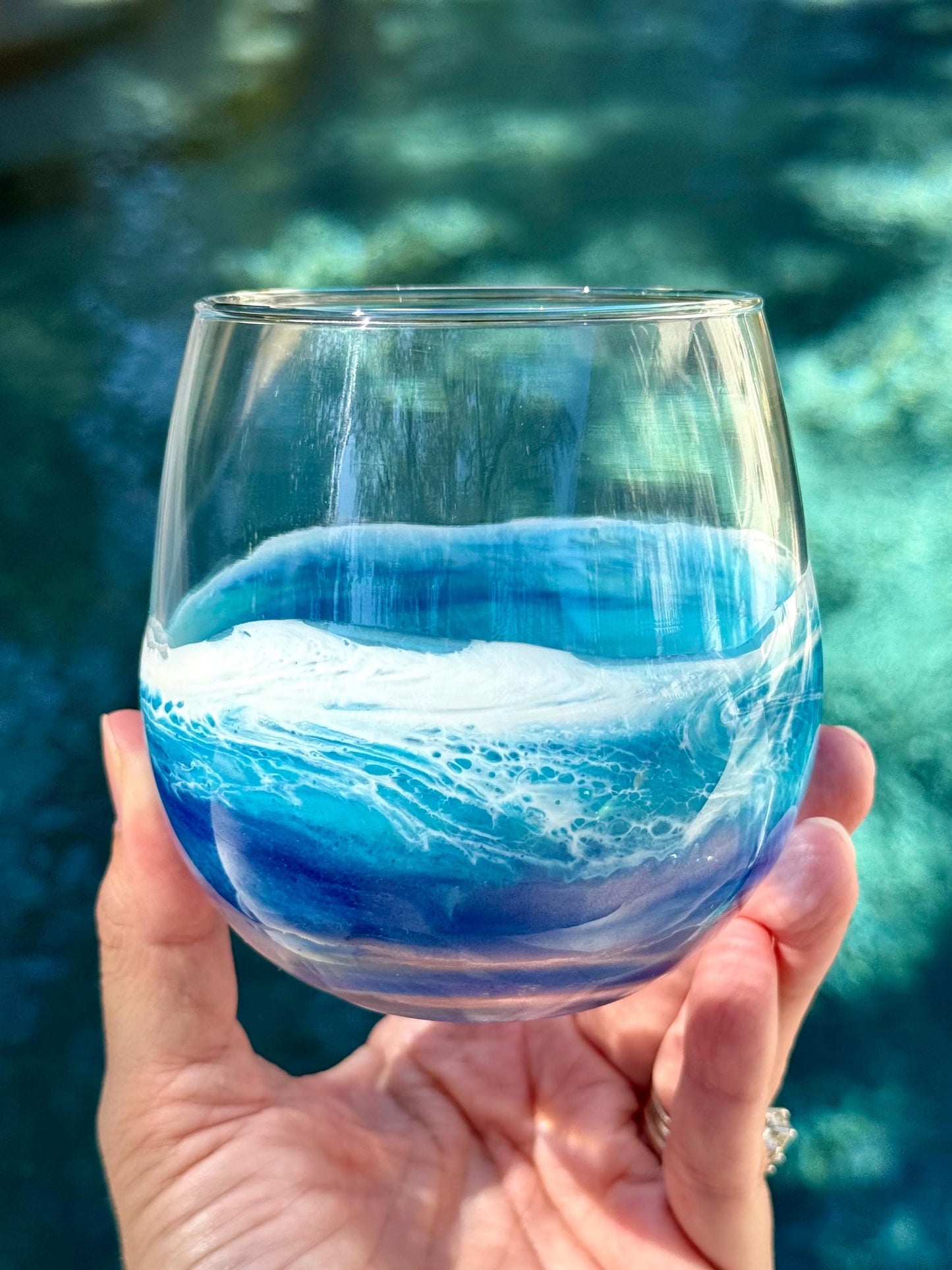 Red Wine Glass with Resin Waves - Coastal Beach House Drinkware - Beach Wedding Gift