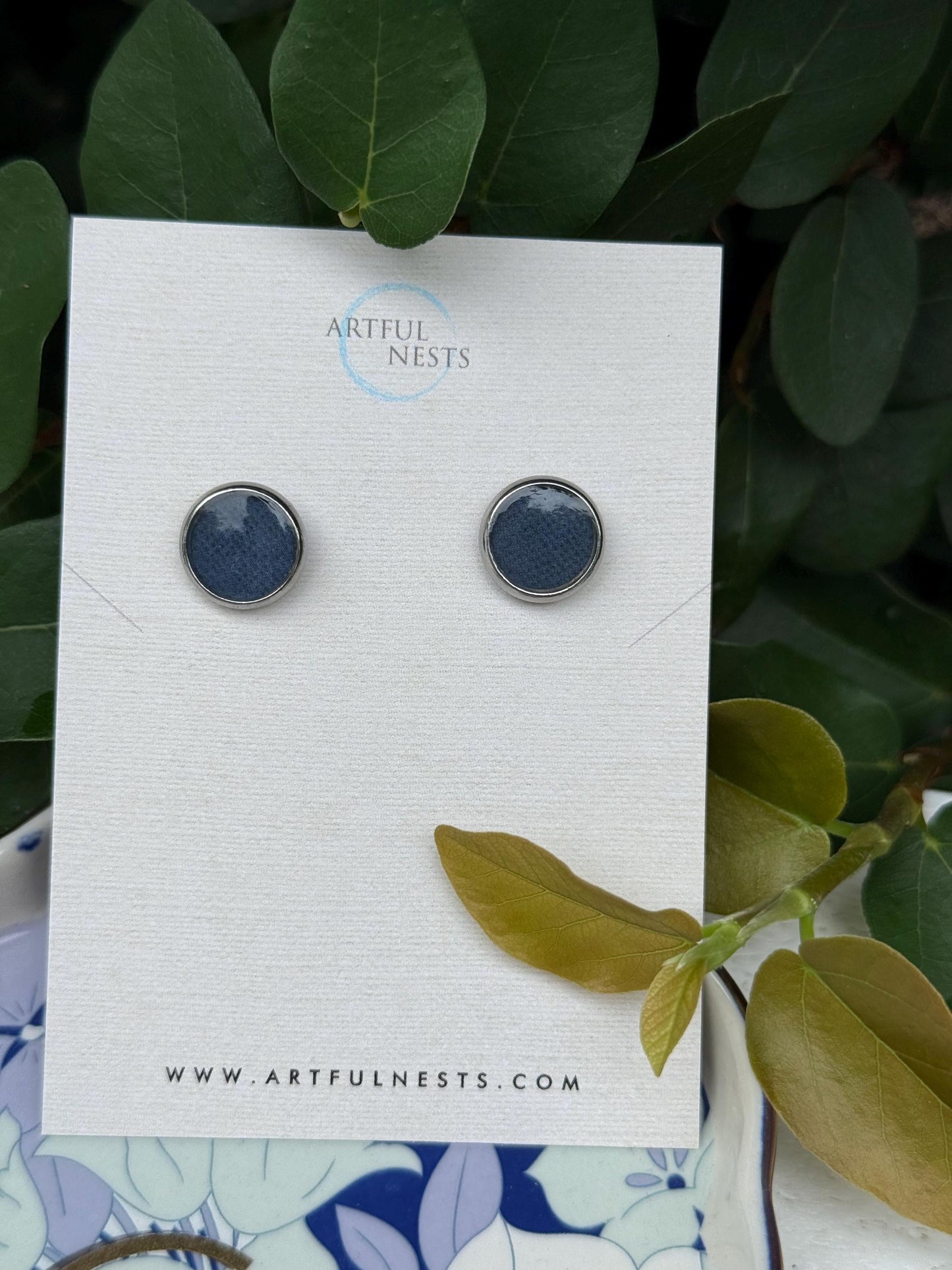 Navy Blue Patterned Resin Earrings - Simple Silver Stainless Steel Studs - Minimalist Jewelry Earrings
