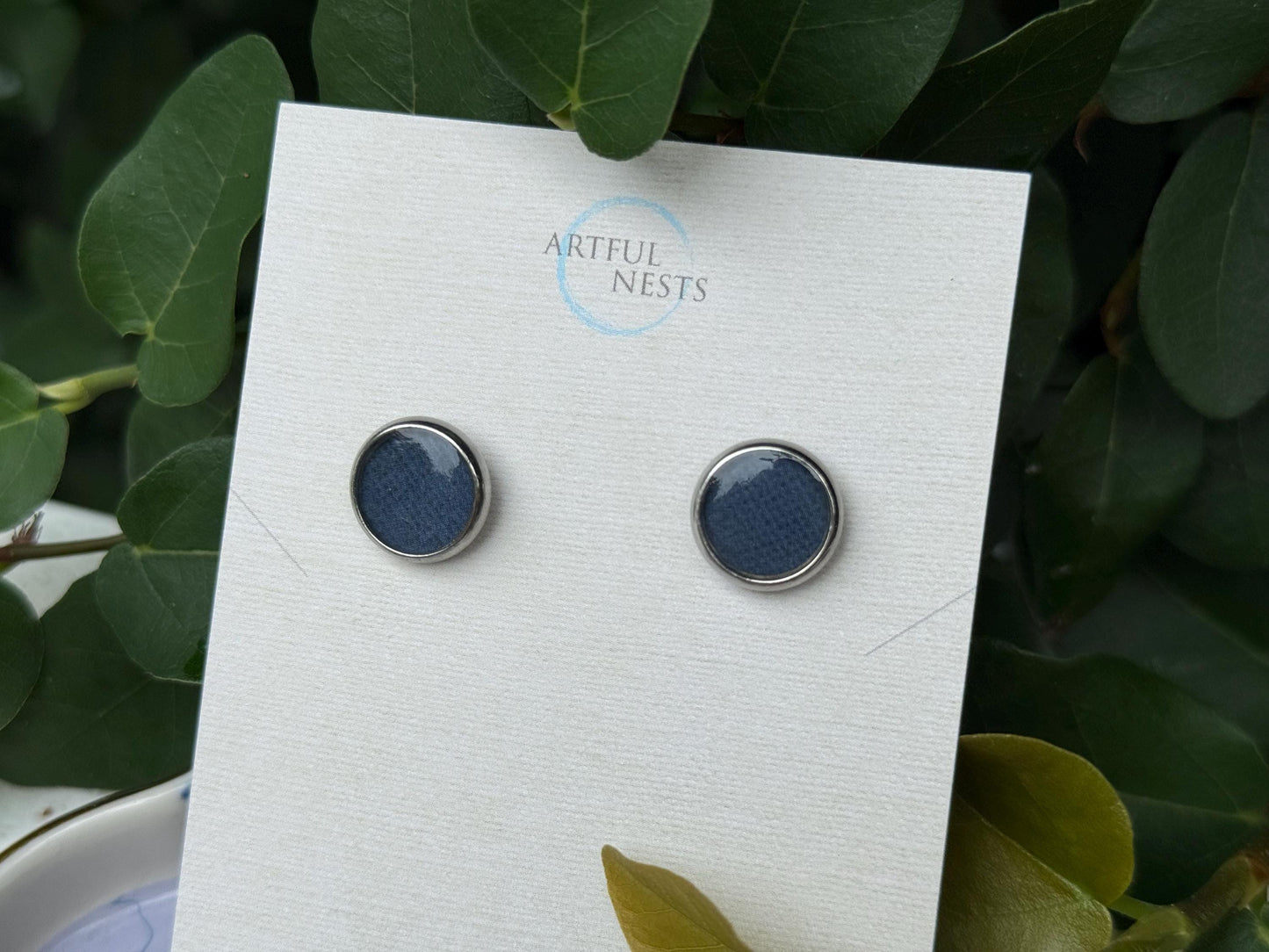 Navy Blue Patterned Resin Earrings - Simple Silver Stainless Steel Studs - Minimalist Jewelry Earrings
