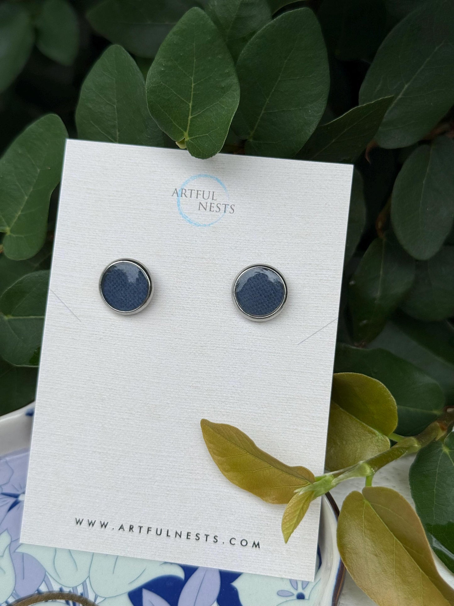 Navy Blue Patterned Resin Earrings - Simple Silver Stainless Steel Studs - Minimalist Jewelry Earrings