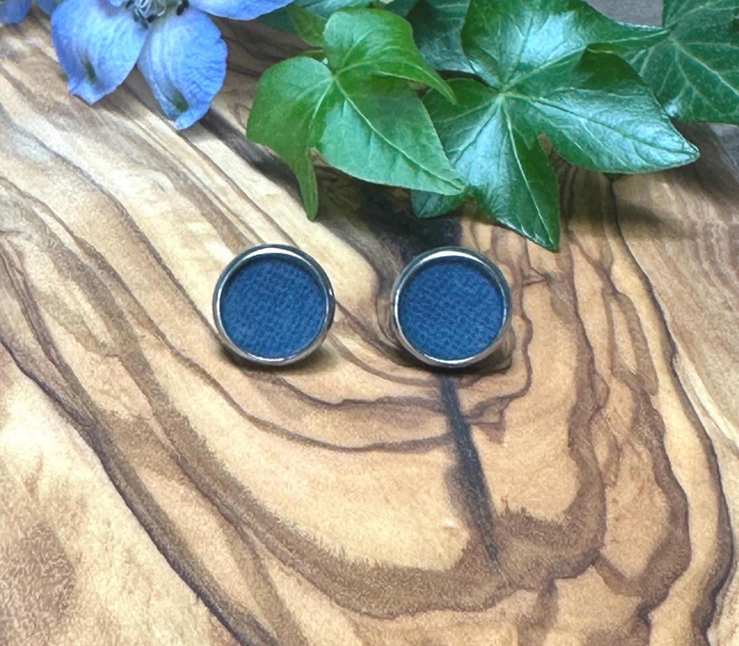 Navy Blue Patterned Resin Earrings - Simple Silver Stainless Steel Studs - Minimalist Jewelry Earrings