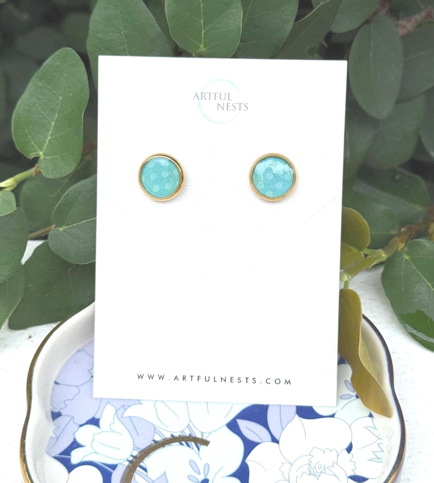 Blue Polka Dot Resin Earrings: Gold Stainless Steel Studs, Handmade