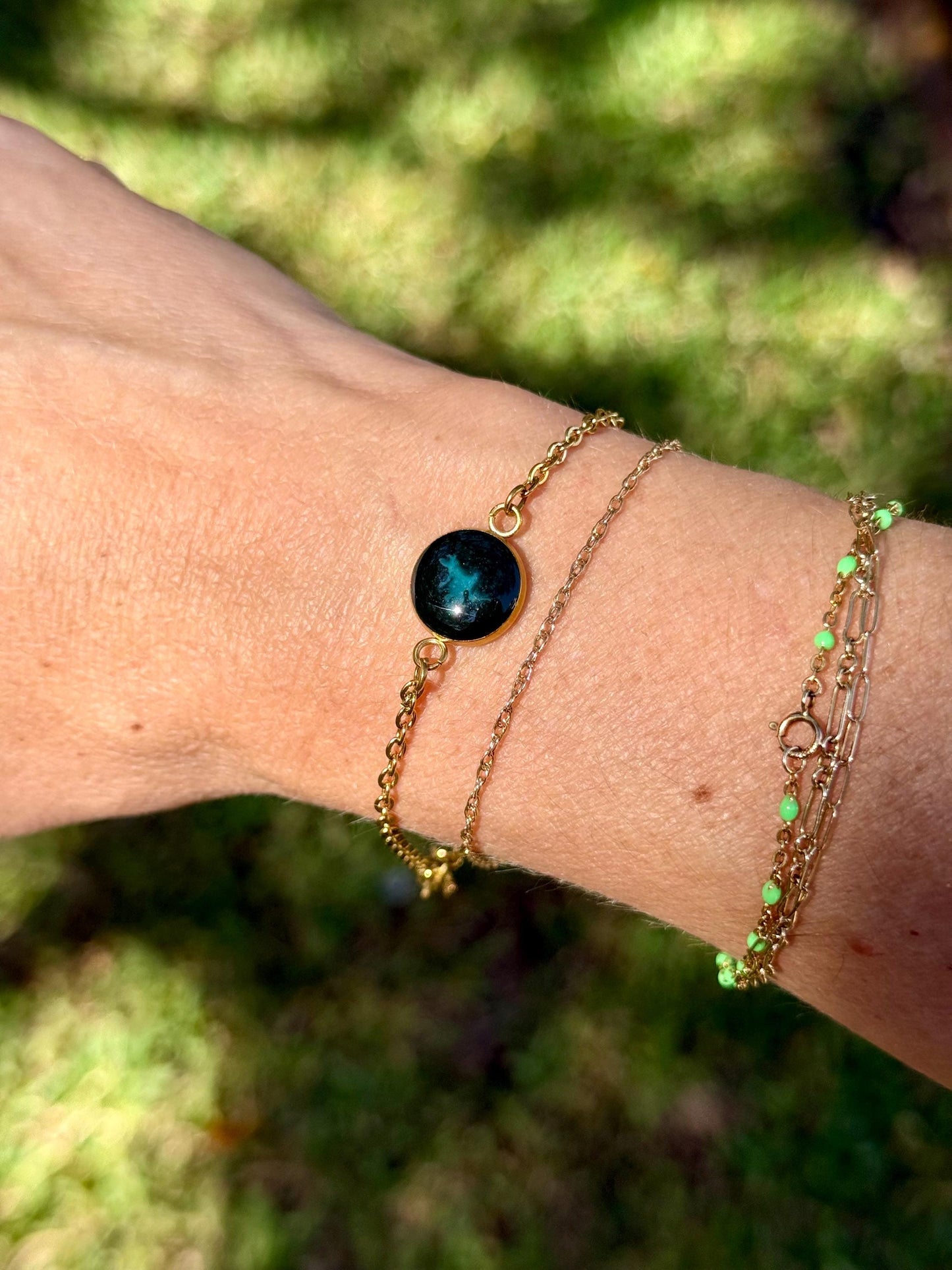 Gold Stainless Steel Bracelet Chain with Emerald Green Resin Bezel - Gold Jewelry- Gift for Her