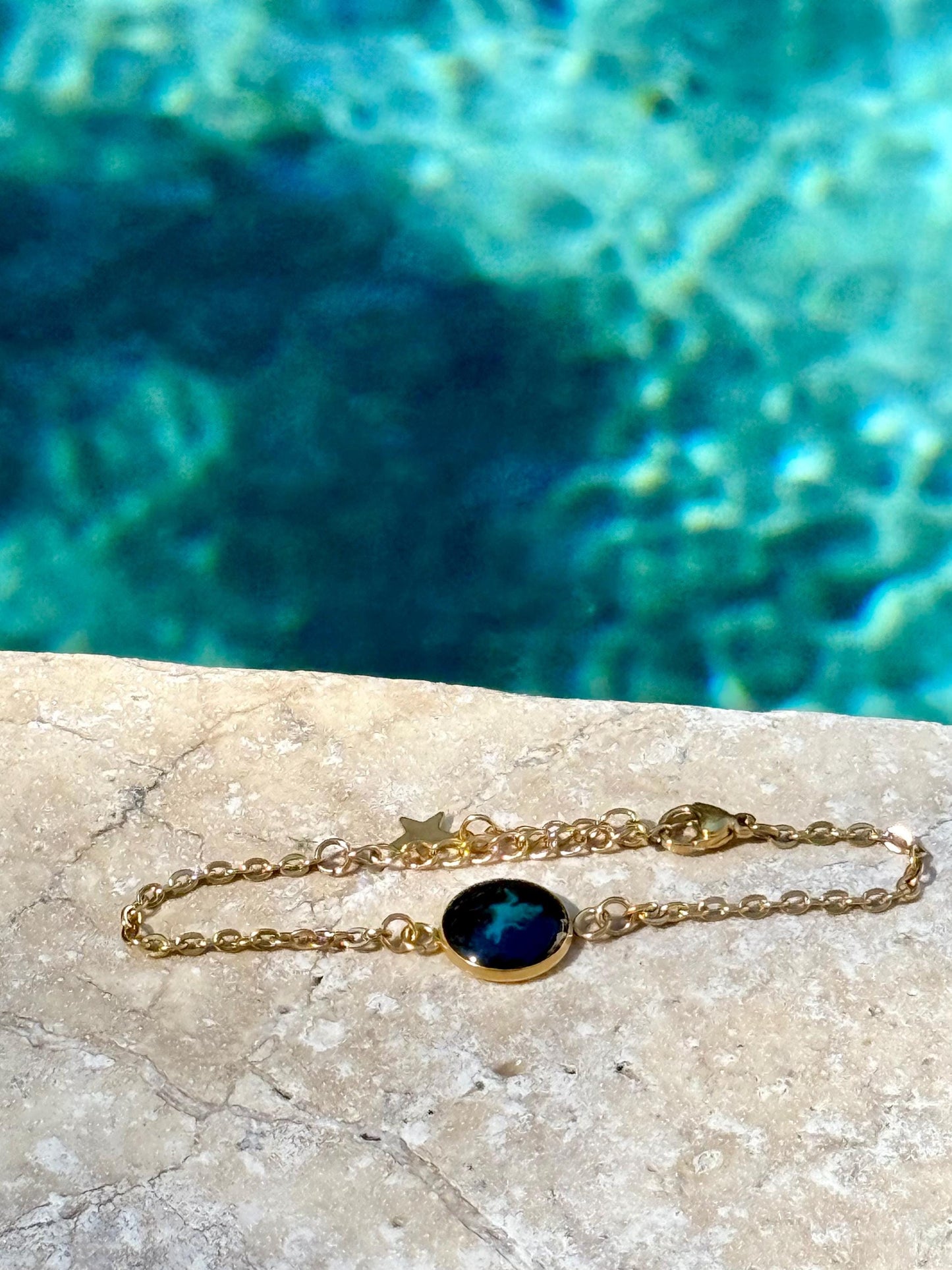 Gold Stainless Steel Bracelet Chain with Emerald Green Resin Bezel - Gold Jewelry- Gift for Her