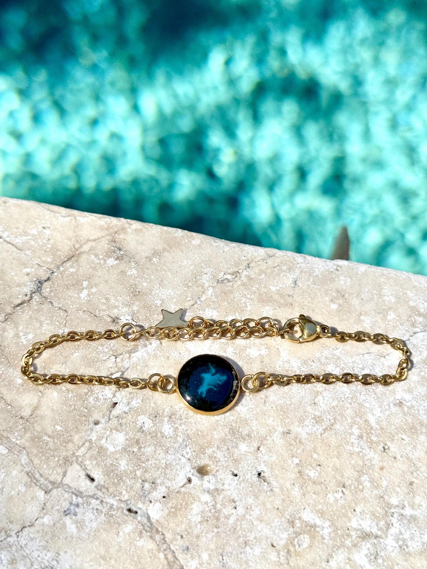 Gold Stainless Steel Bracelet Chain with Emerald Green Resin Bezel - Gold Jewelry- Gift for Her