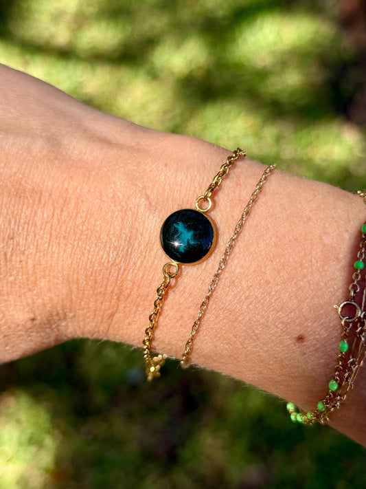 Gold Stainless Steel Bracelet Chain with Emerald Green Resin Bezel - Gold Jewelry- Gift for Her